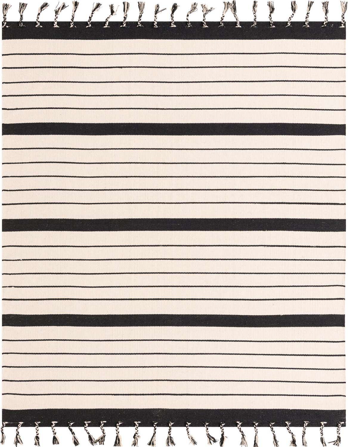 A 6x9 rectangular Chindi Cotton rug featuring bold black and thin ivory stripes with tasseled edges, suitable for a modern living room.