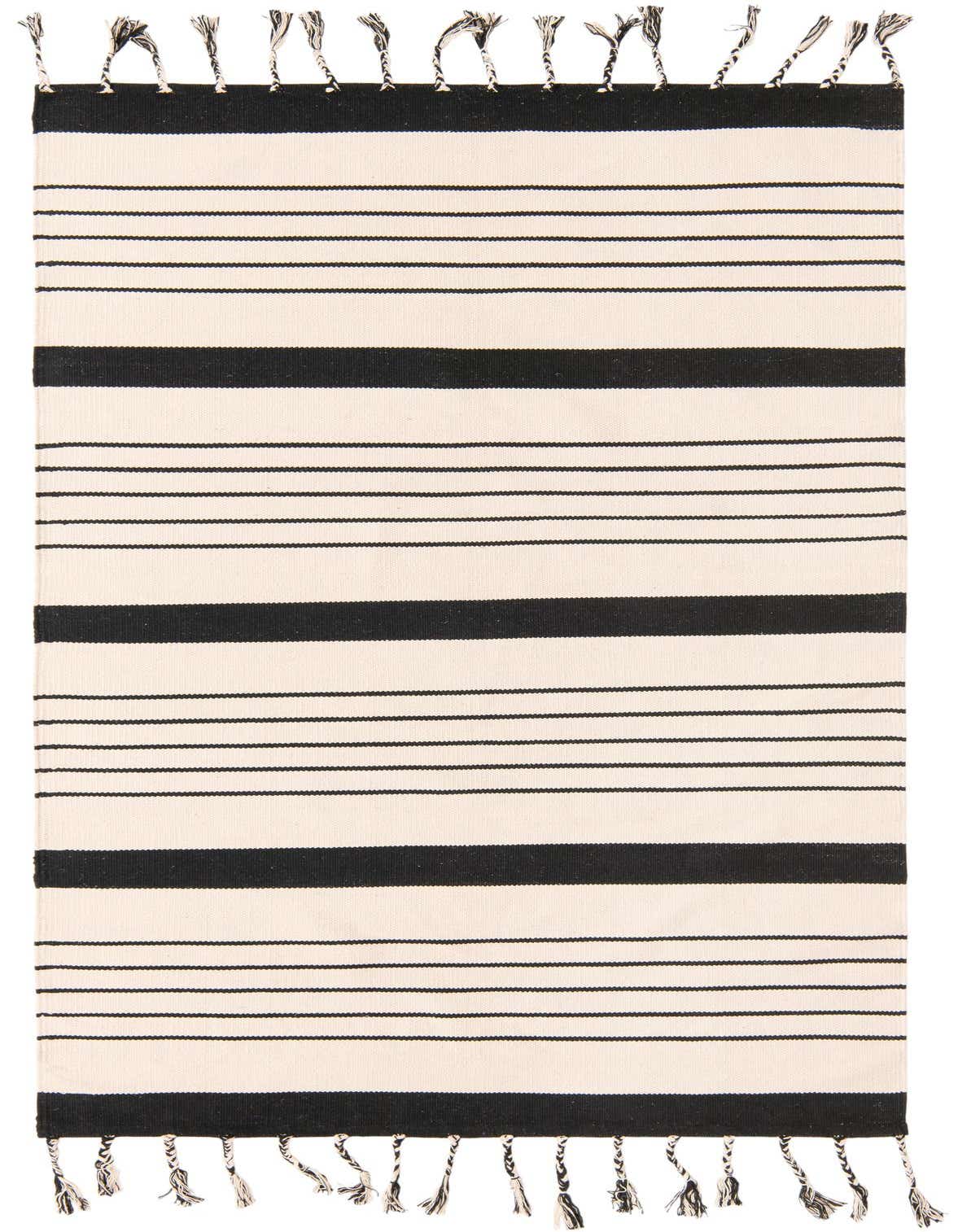 A 5x8 rectangular Chindi Cotton rug featuring a black and ivory striped pattern with tassels on a flatweave.