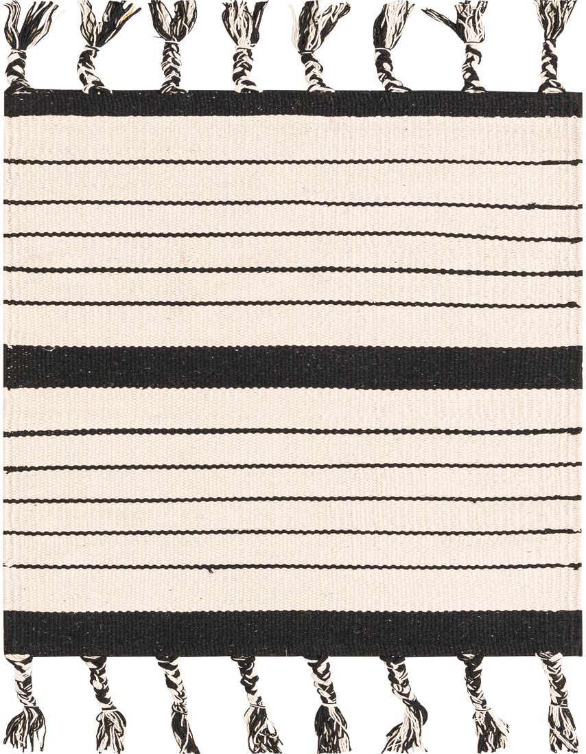 A 2x3 rectangular Chindi Cotton rug in black and ivory, featuring horizontal stripes and braided tassels.