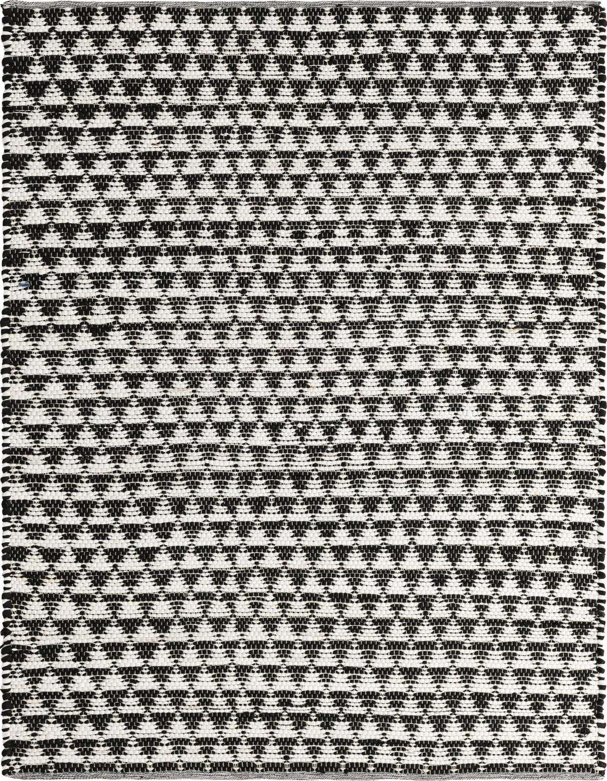 A 5x8 rectangular black and white flatweave rug with a textured geometric pattern, ideal for a modern living room.