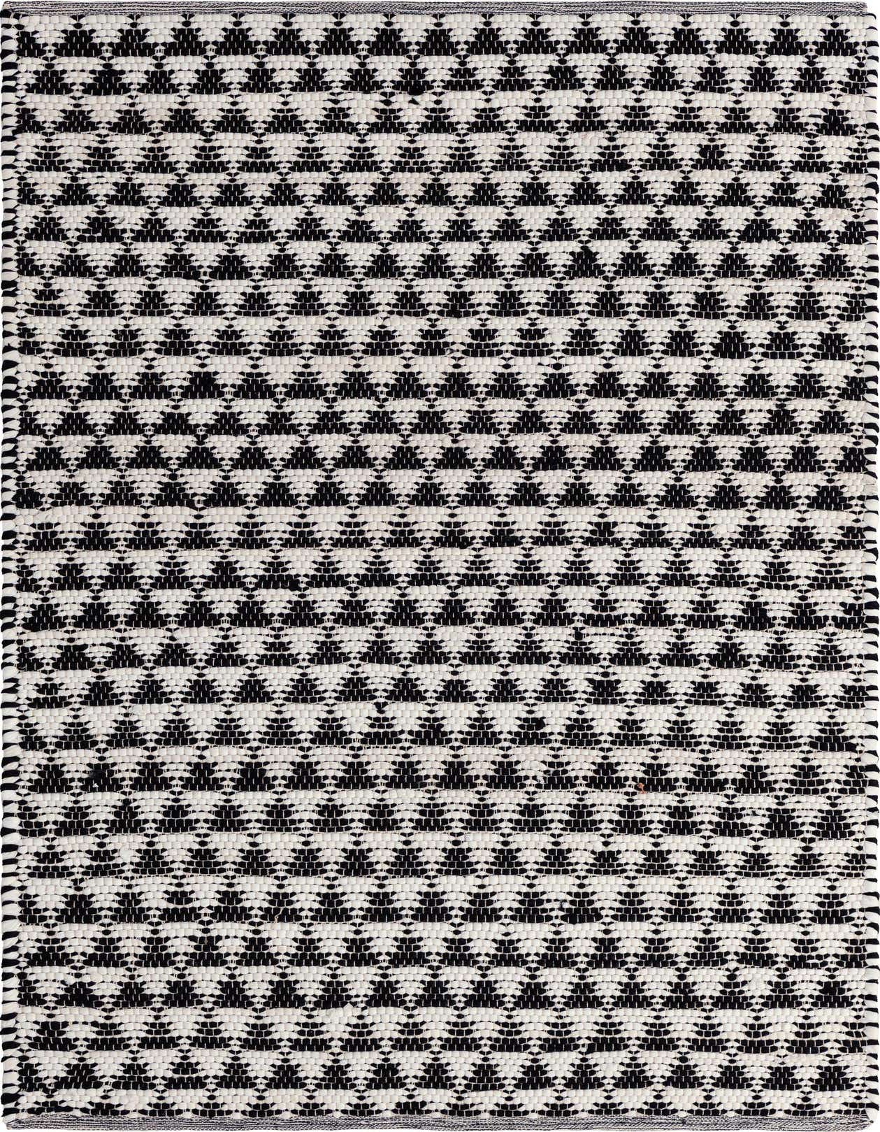 A 4x6 rectangular black and white flatweave rug with a repeating geometric triangle pattern, suitable for a modern living room.