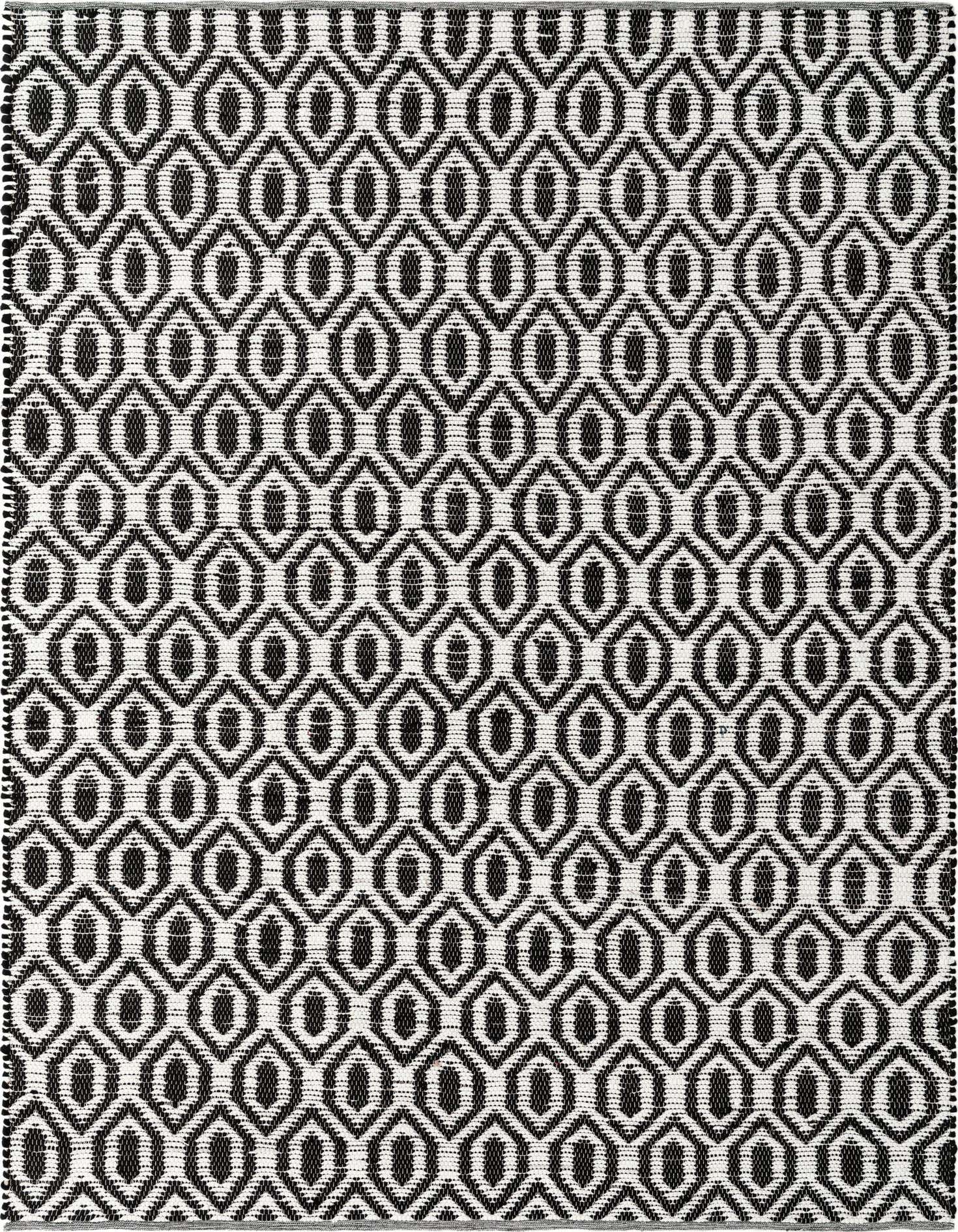 A 9x12 rectangular black and white Chindi Jute rug with a repeating trellis pattern, ideal for a living room.