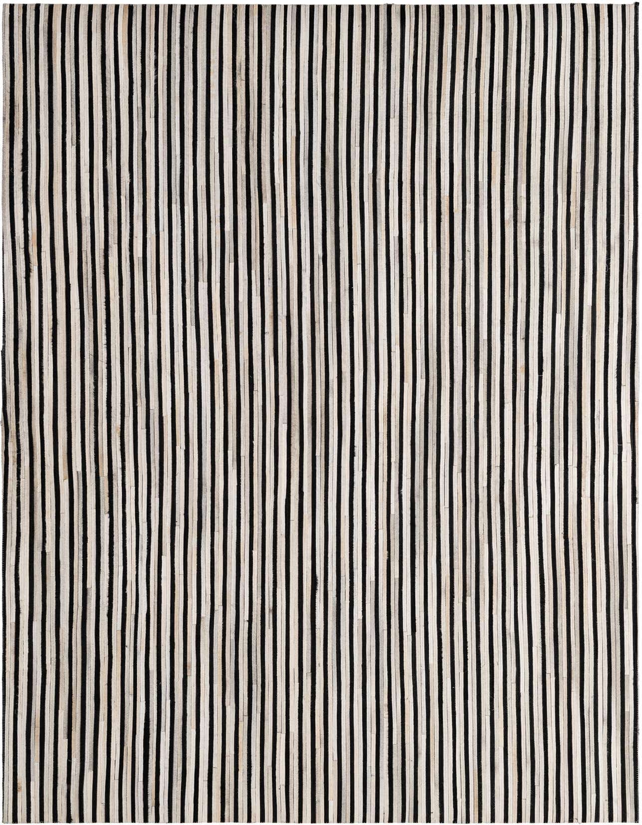 A 5x8 rectangular Cowhide - Patchwork rug featuring a modern stripe pattern in black and ivory, suitable for a living room or bedroom.