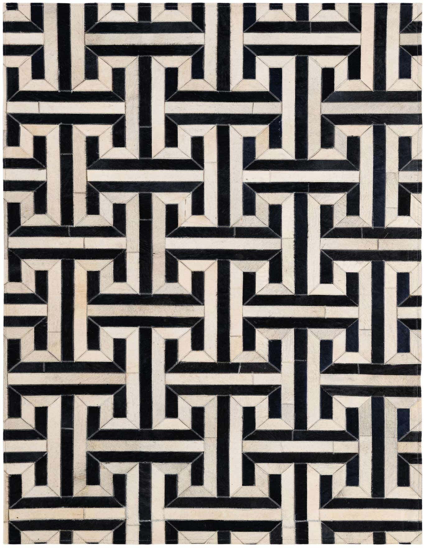 A 4x6 rectangular black and white cowhide rug with a bold modern geometric maze pattern, suitable for a living room.