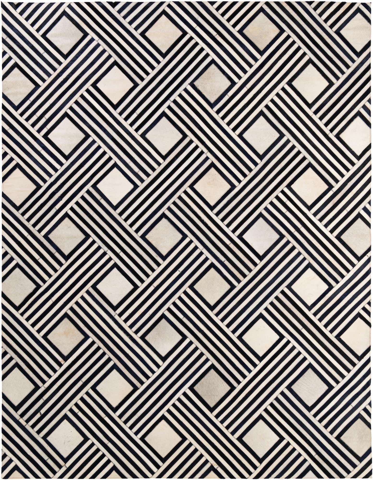 A rectangular 8x10 black and white modern cowhide rug with an interlocking geometric striped pattern, ideal for a living room.