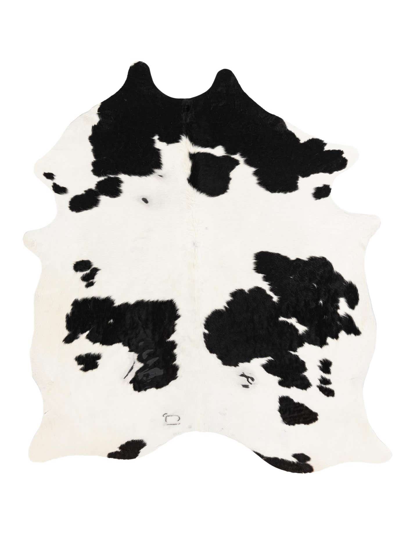 A 6x9 rectangular cowhide rug with an irregular shape, featuring a striking black and white spotted pattern, ideal for a living room.
