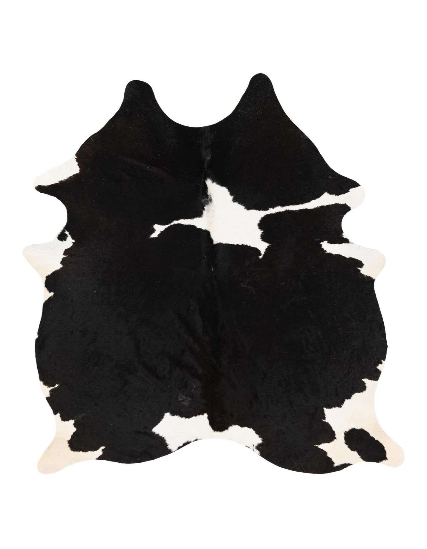 A 5x7 rectangular black and white cowhide leather rug with an irregular, natural shape and modern style.