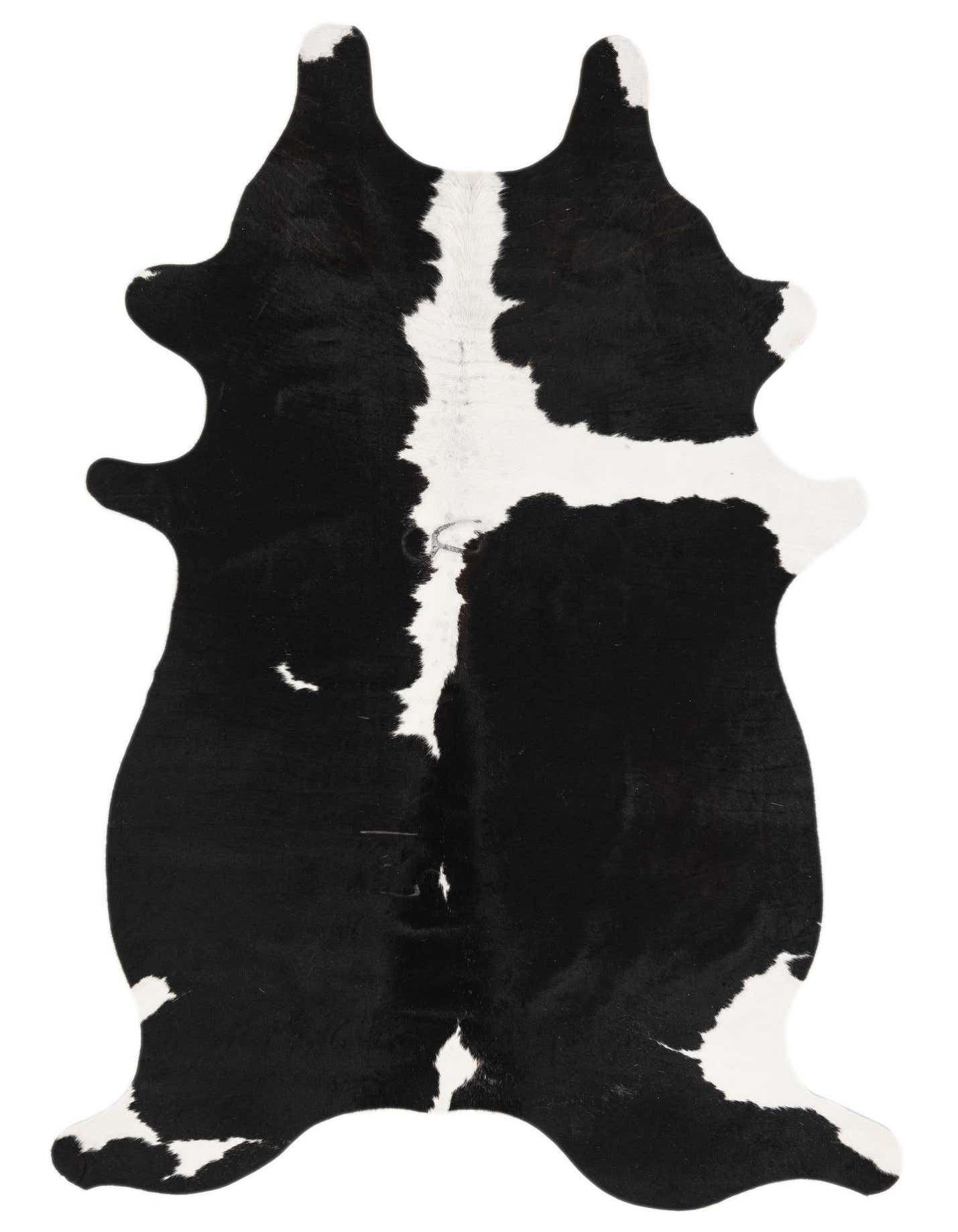 A 4x6 black and white cowhide rug with an organic, natural shape, suitable for a modern living room.