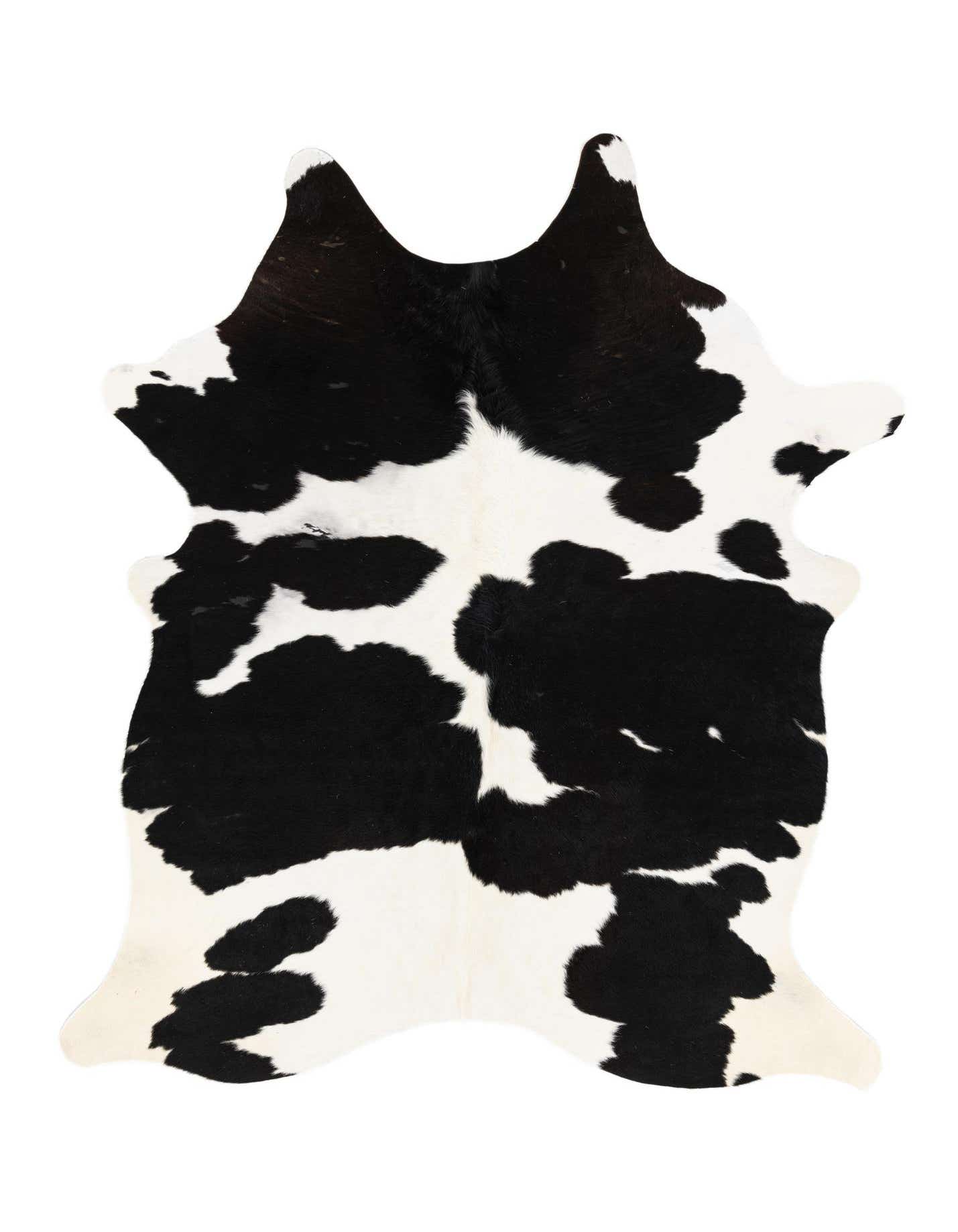 A 5x7 rectangular black and white cowhide rug with an organic, irregular shape, featuring natural black patches on a white background.