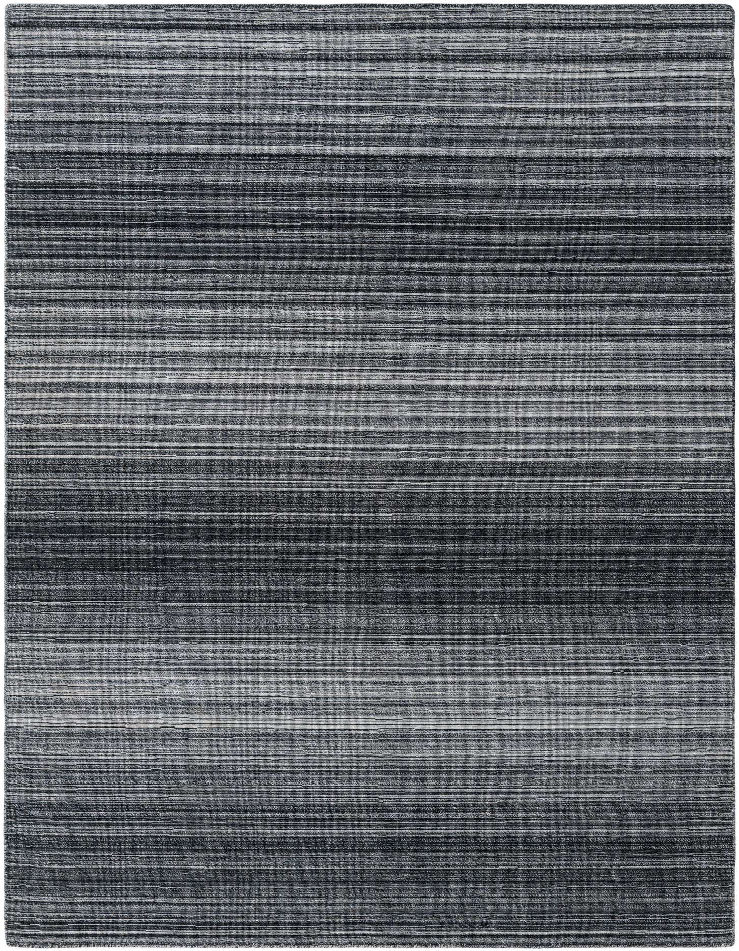 A 6x9 rectangular Darya rug with horizontal stripes in varying shades of black, white, and ivory, showcasing a modern abstract pattern.