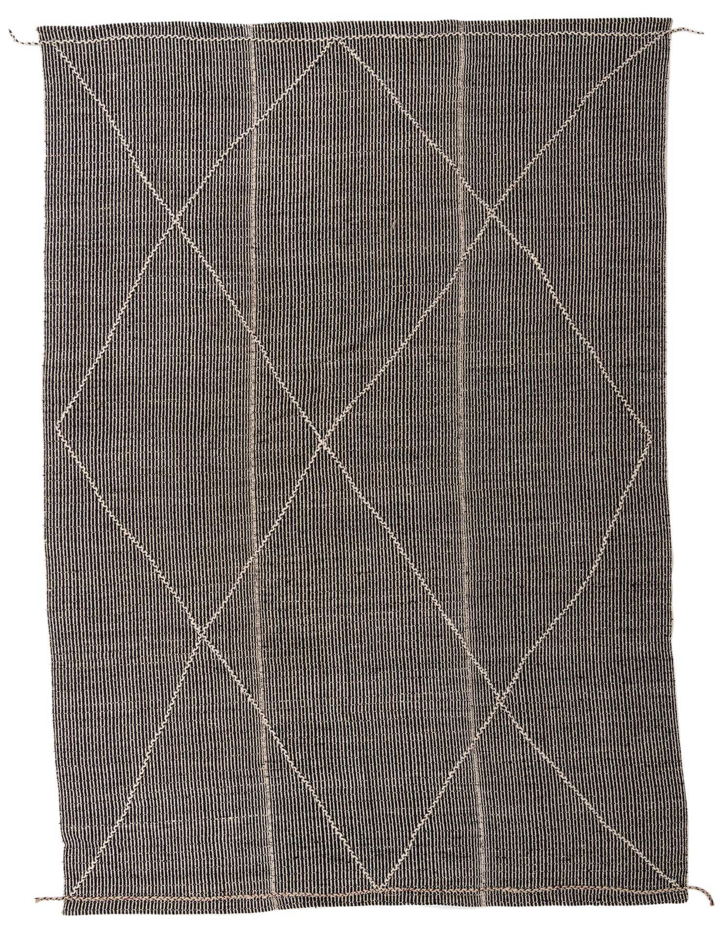 A 9x12 rectangular Darya rug with a black and white striped base and a large ivory diamond pattern, suitable for a living room.