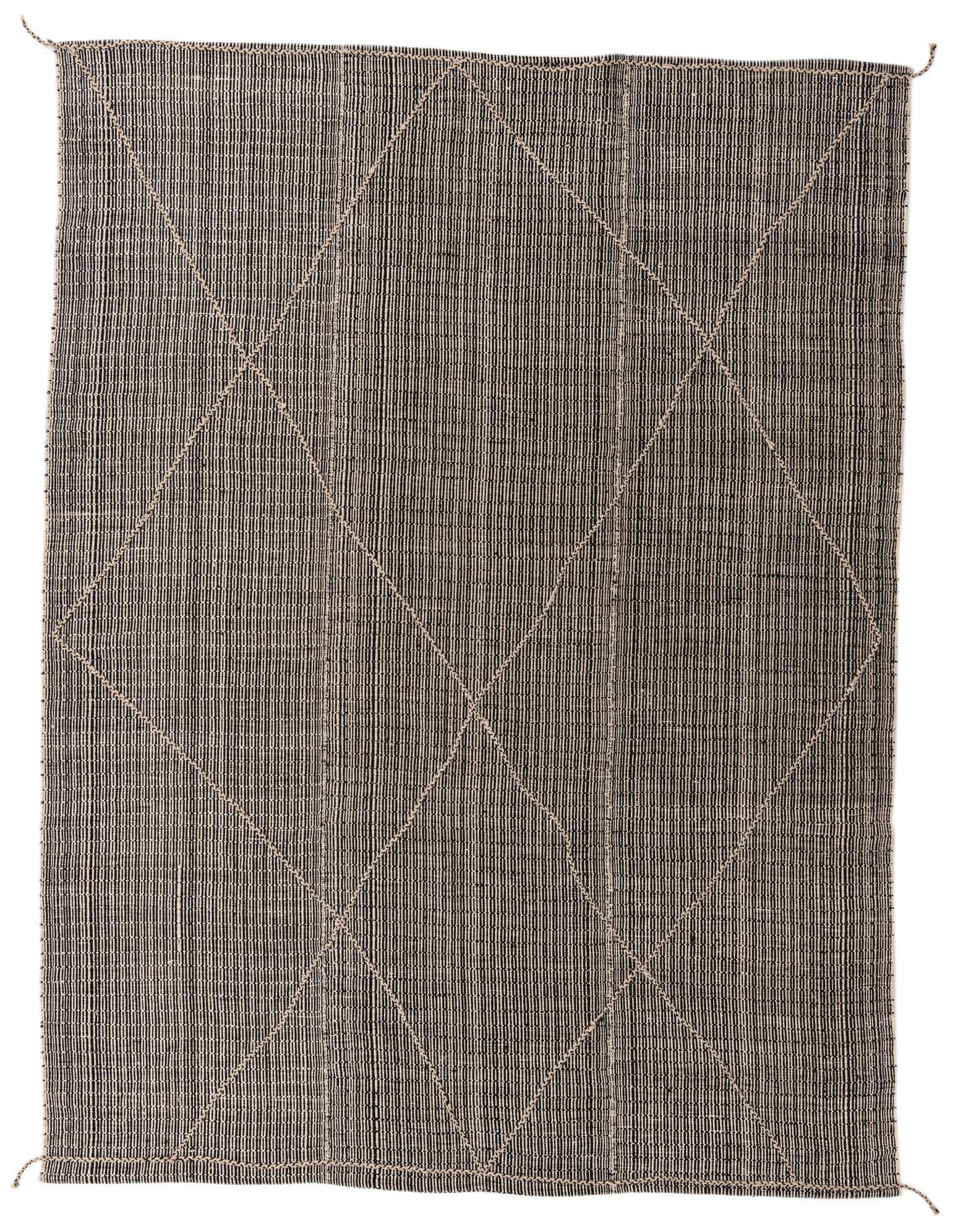 A 9x12 rectangular Darya wool rug featuring a black and ivory striped pattern with a modern geometric diamond overlay.