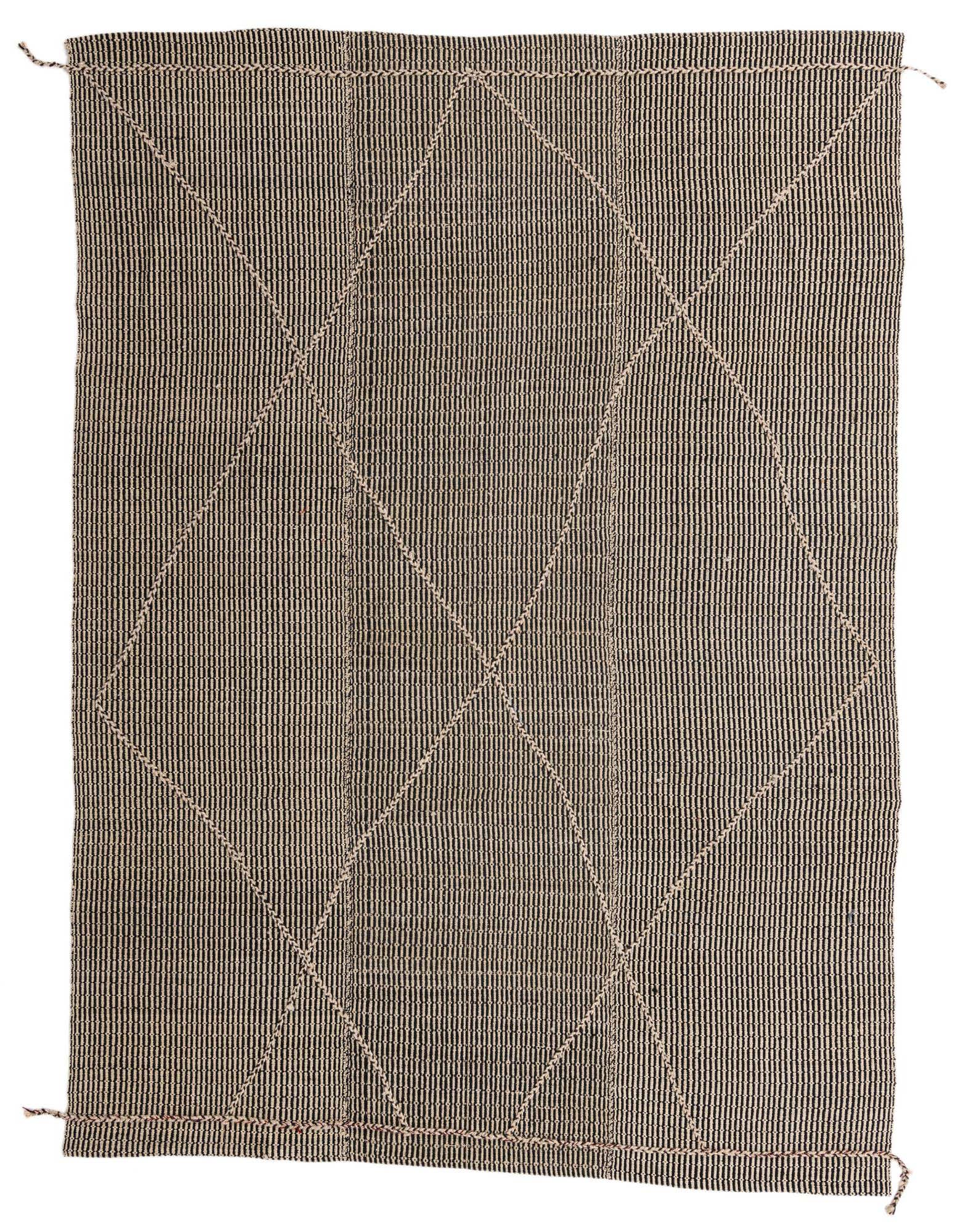 A 7x10 rectangular Darya wool rug featuring a black and ivory striped texture with a modern diamond pattern.