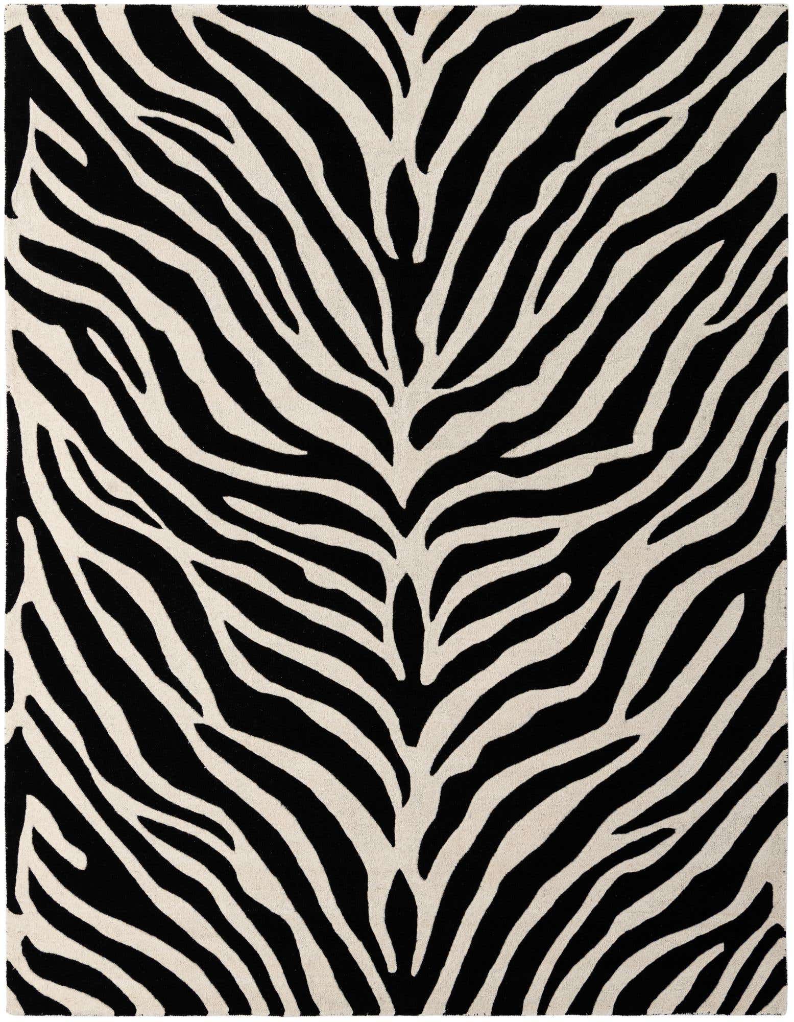 A rectangular 8x10 black and white area rug with a bold zebra stripe pattern, made from wool.