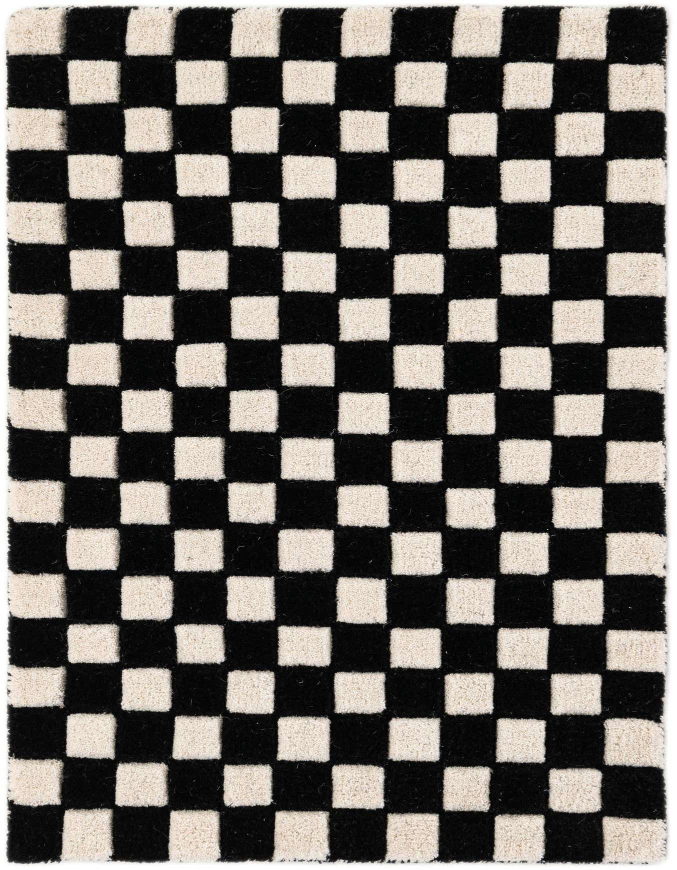 A 2x3 rectangular rug featuring a bold black and ivory checkerboard pattern with a high, textured pile.