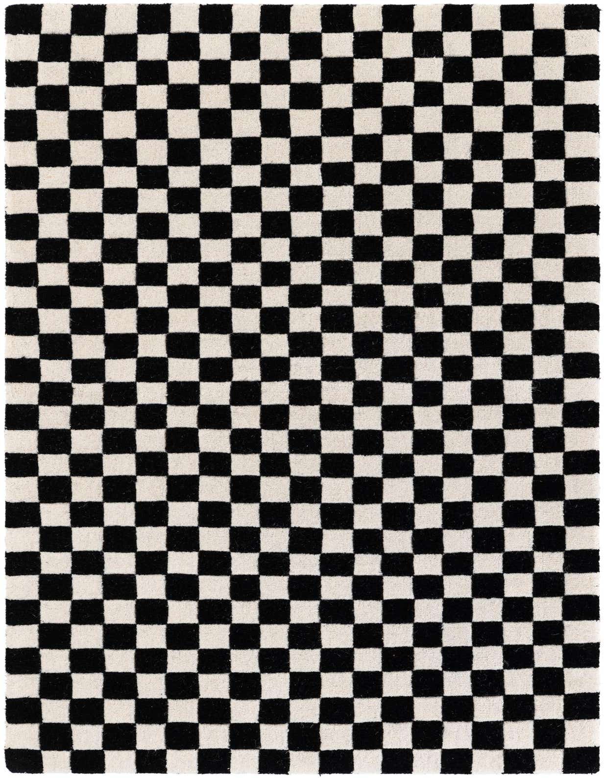 A 3x5 rectangular black and white checkered wool rug with a high pile, perfect for a modern living room.