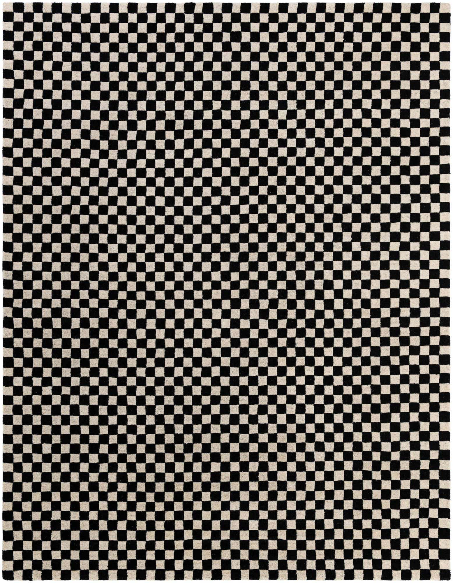 A rectangular 8x10 black and white modern wool rug with a checkerboard pattern, suitable for a living room.