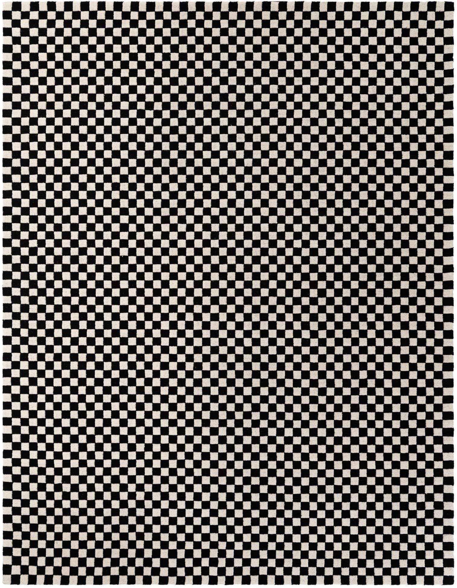 A 9x12 rectangular black and white checkered wool rug with a modern pattern and high pile.