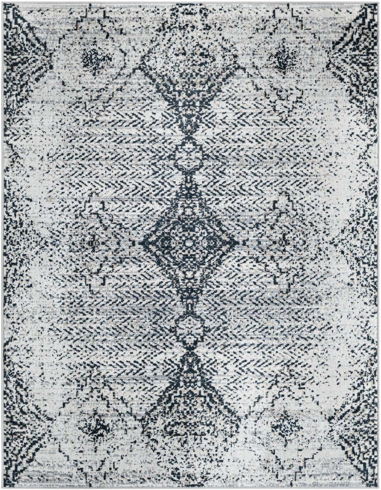 A 4x6 rectangular Kamala Washable rug featuring a distressed black and white traditional medallion pattern.