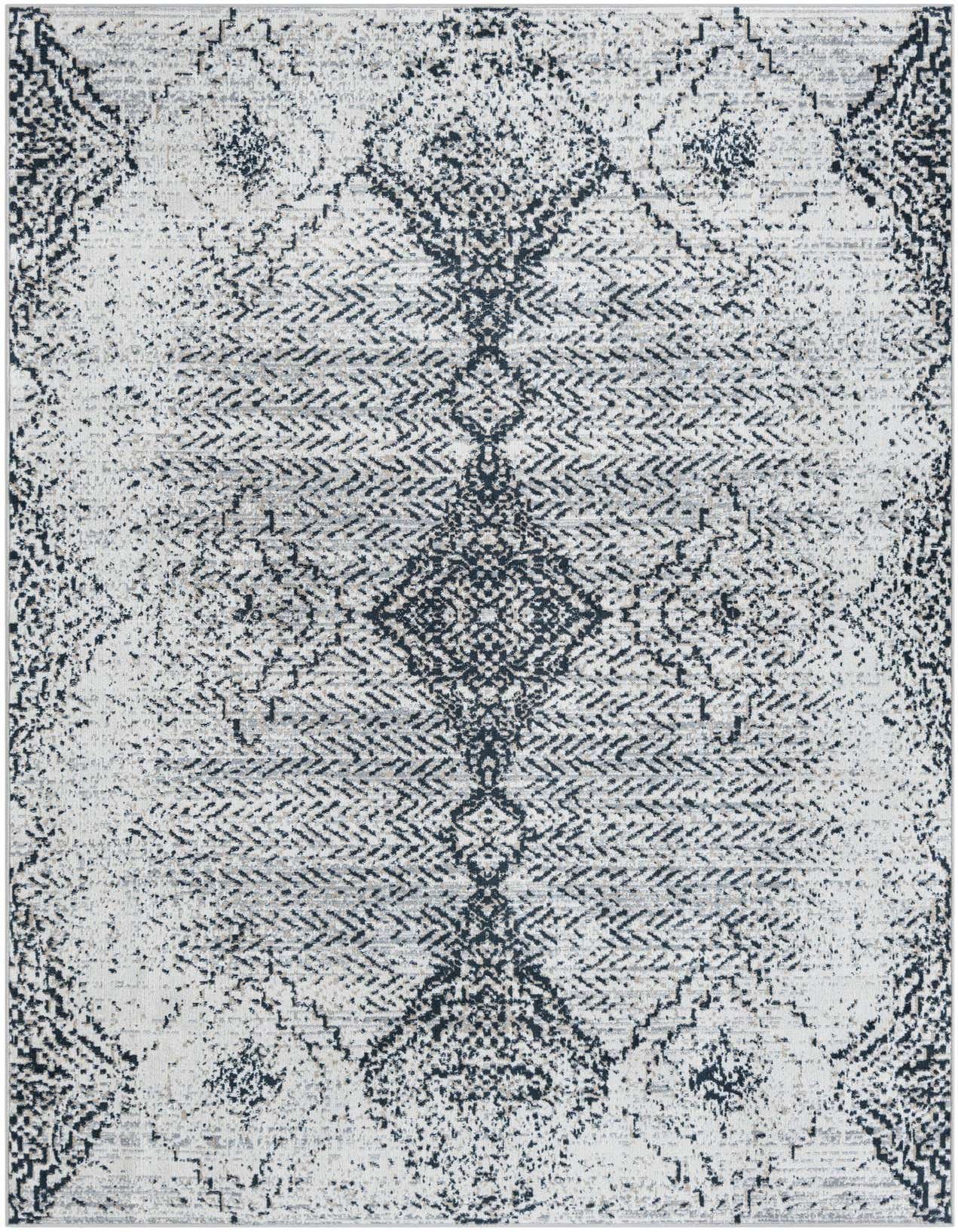 A 5x8 rectangular black and white Kamala Washable rug with a distressed traditional medallion pattern.