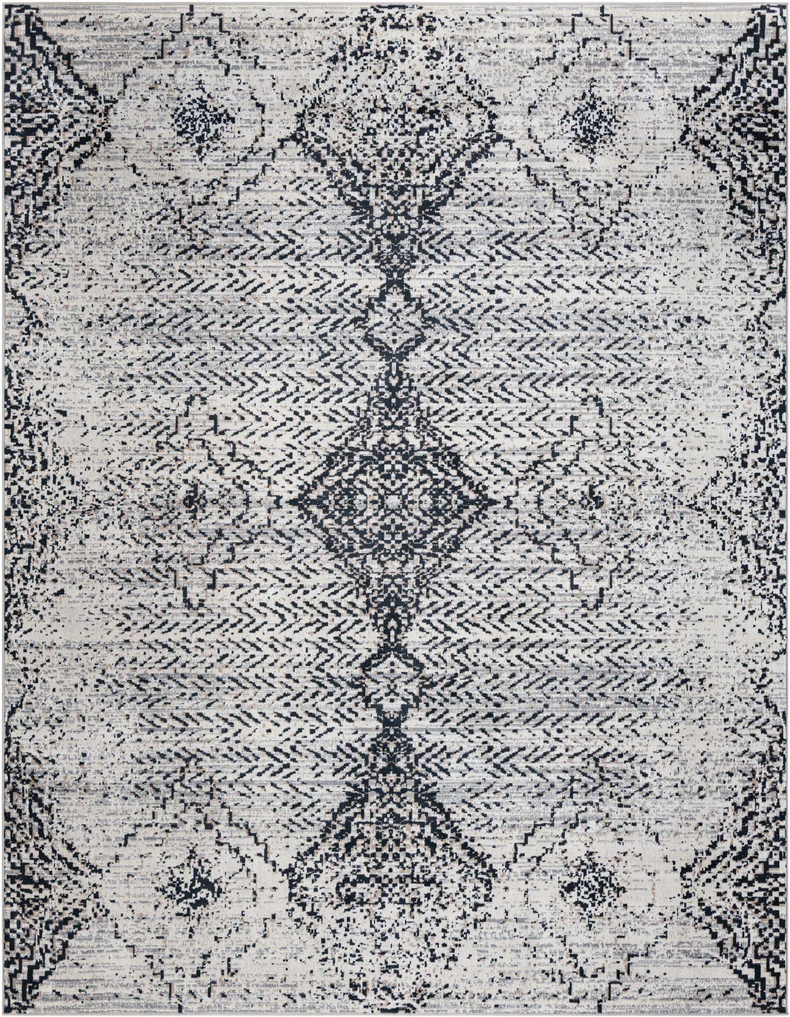 An 8x10 rectangular Kamala Washable rug featuring a distressed black and ivory traditional medallion pattern.