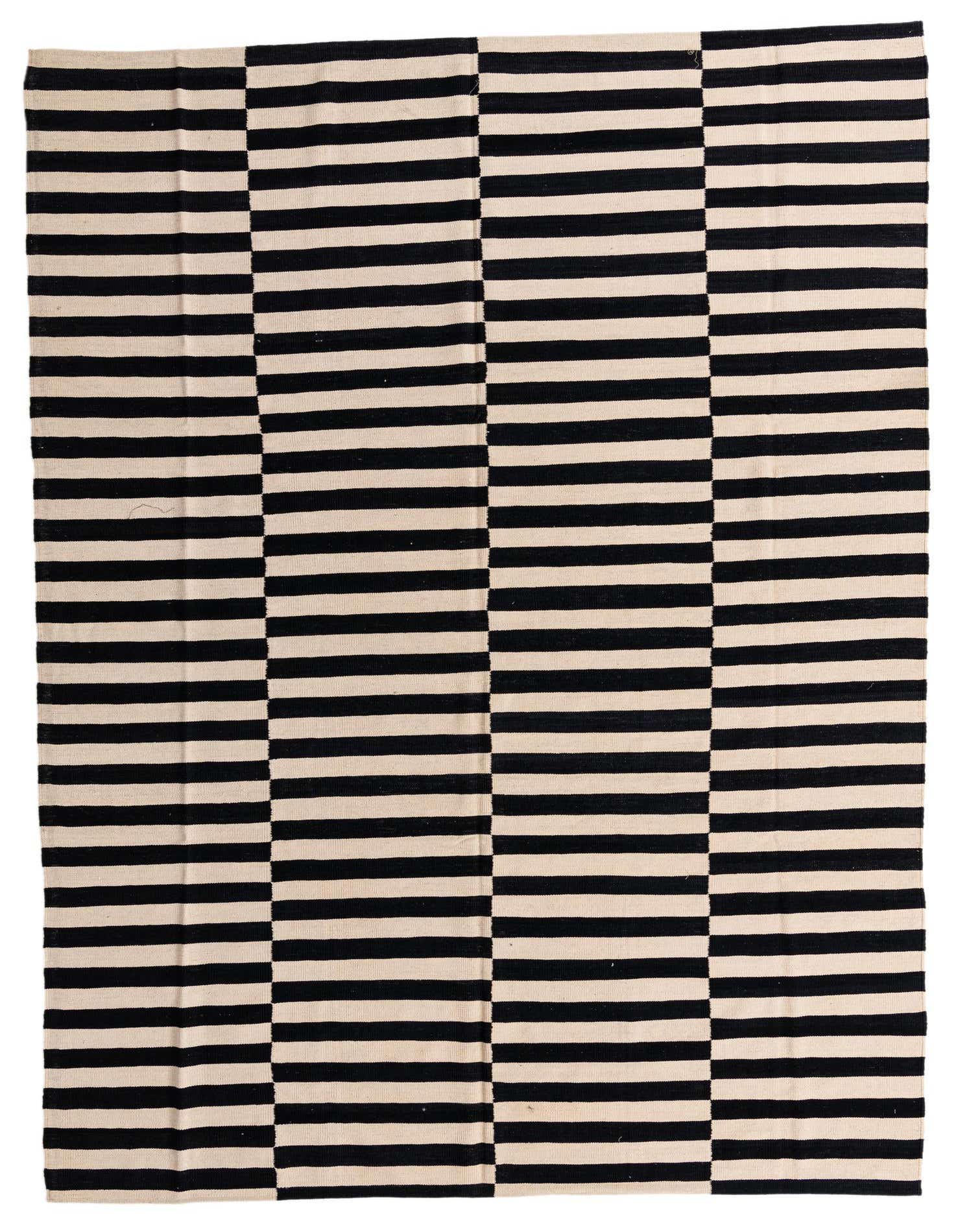 An 8x11 rectangular Kilim Modern rug with alternating black and cream horizontal stripes in a tribal, modern pattern.