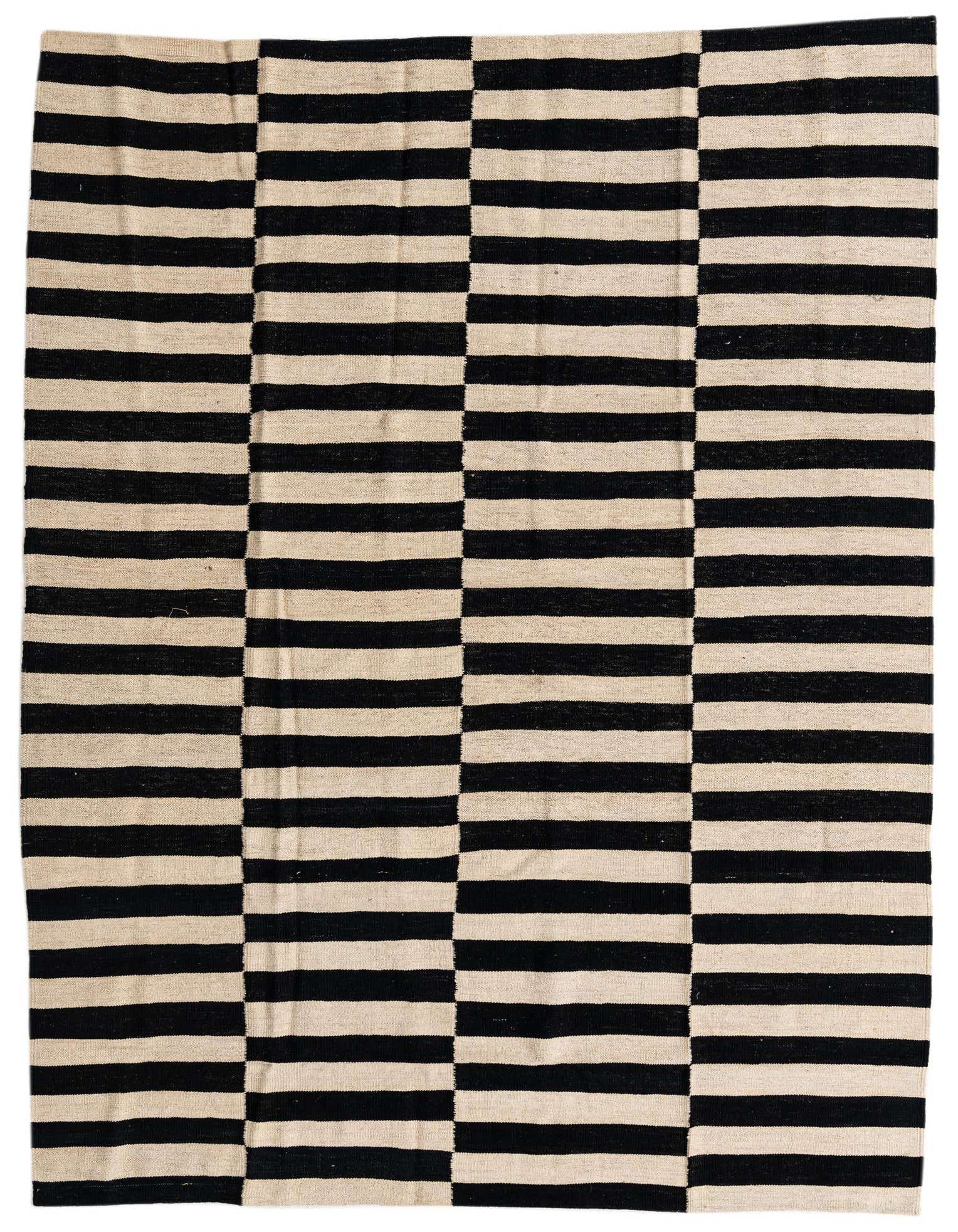 A 6x9 rectangular Kilim Modern rug featuring bold black and cream horizontal stripes in a tribal-modern pattern.