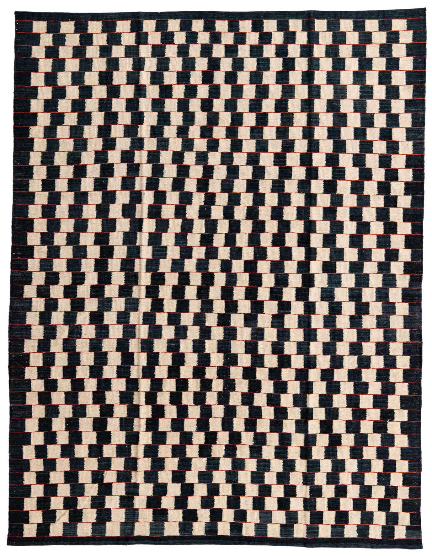 A 7x10 rectangular flatweave wool rug featuring a repeating checkerboard pattern of black and ivory squares.