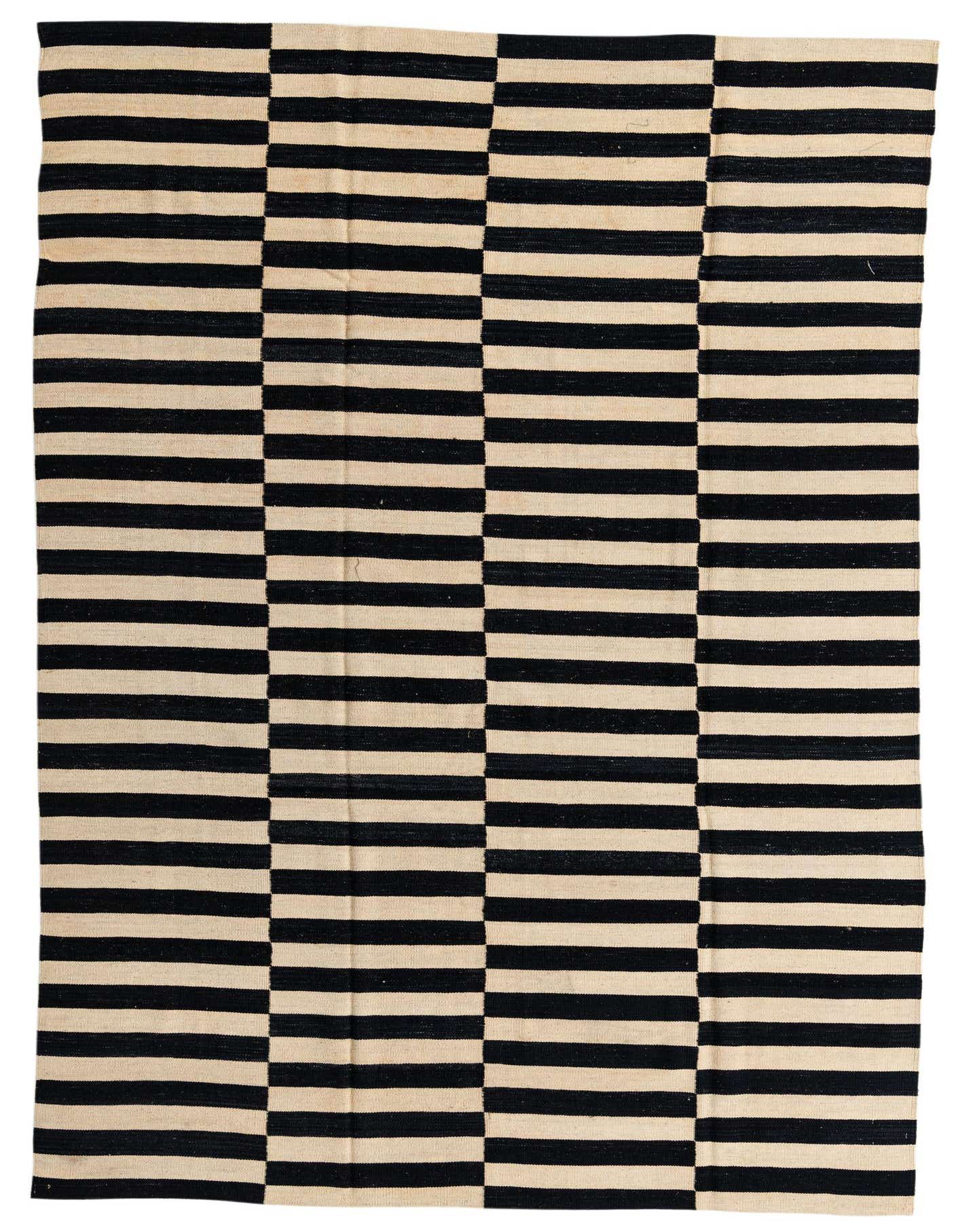 A 7x10 rectangular Kilim Modern rug with alternating black and cream horizontal stripes, creating a bold, modern tribal pattern.