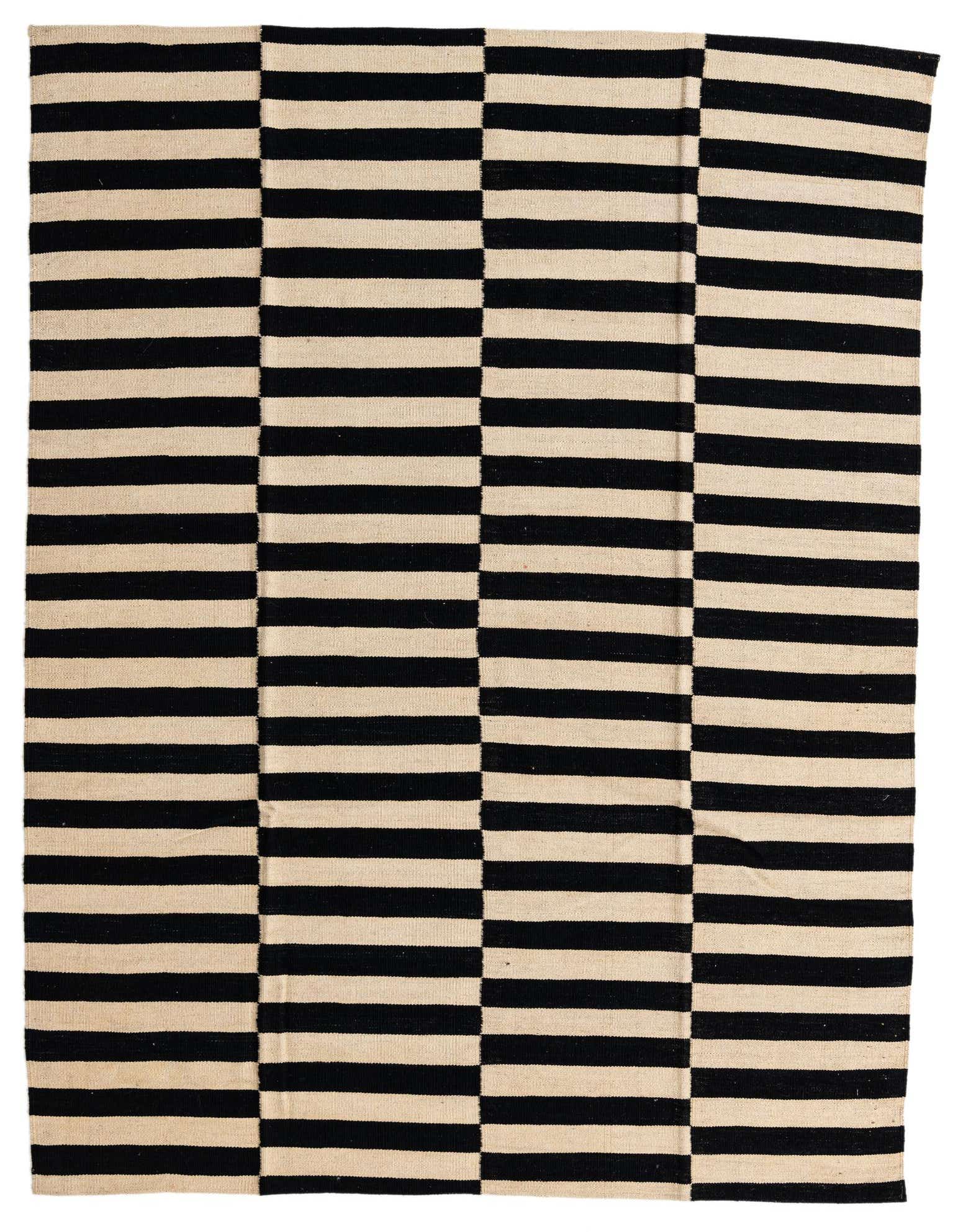 A 5x8 rectangular Kilim Modern wool rug featuring bold black and cream horizontal stripes in a tribal pattern.