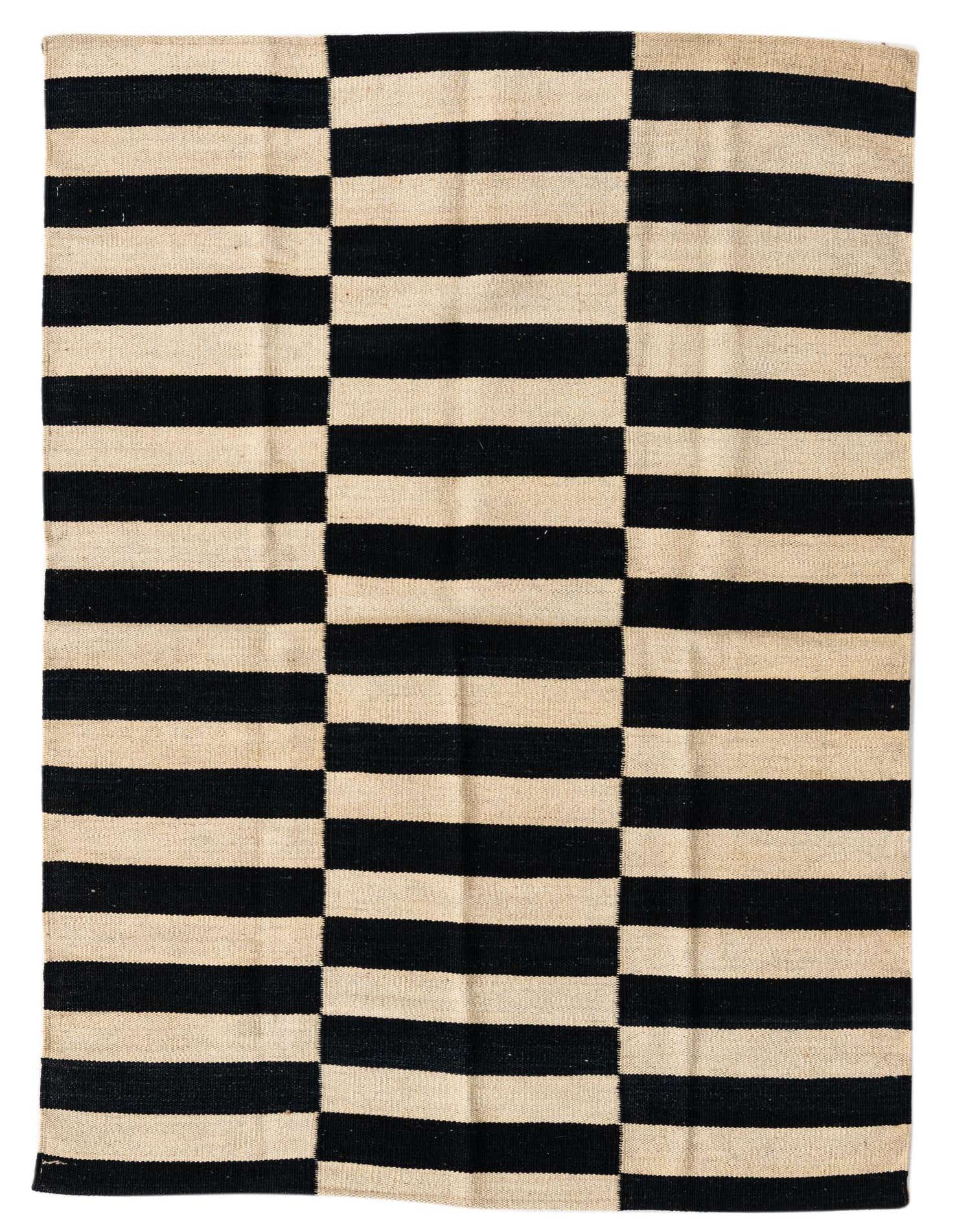 A 3x5 rectangular black and cream flatweave wool rug featuring a bold, modern striped pattern, ideal for an entryway or kitchen.