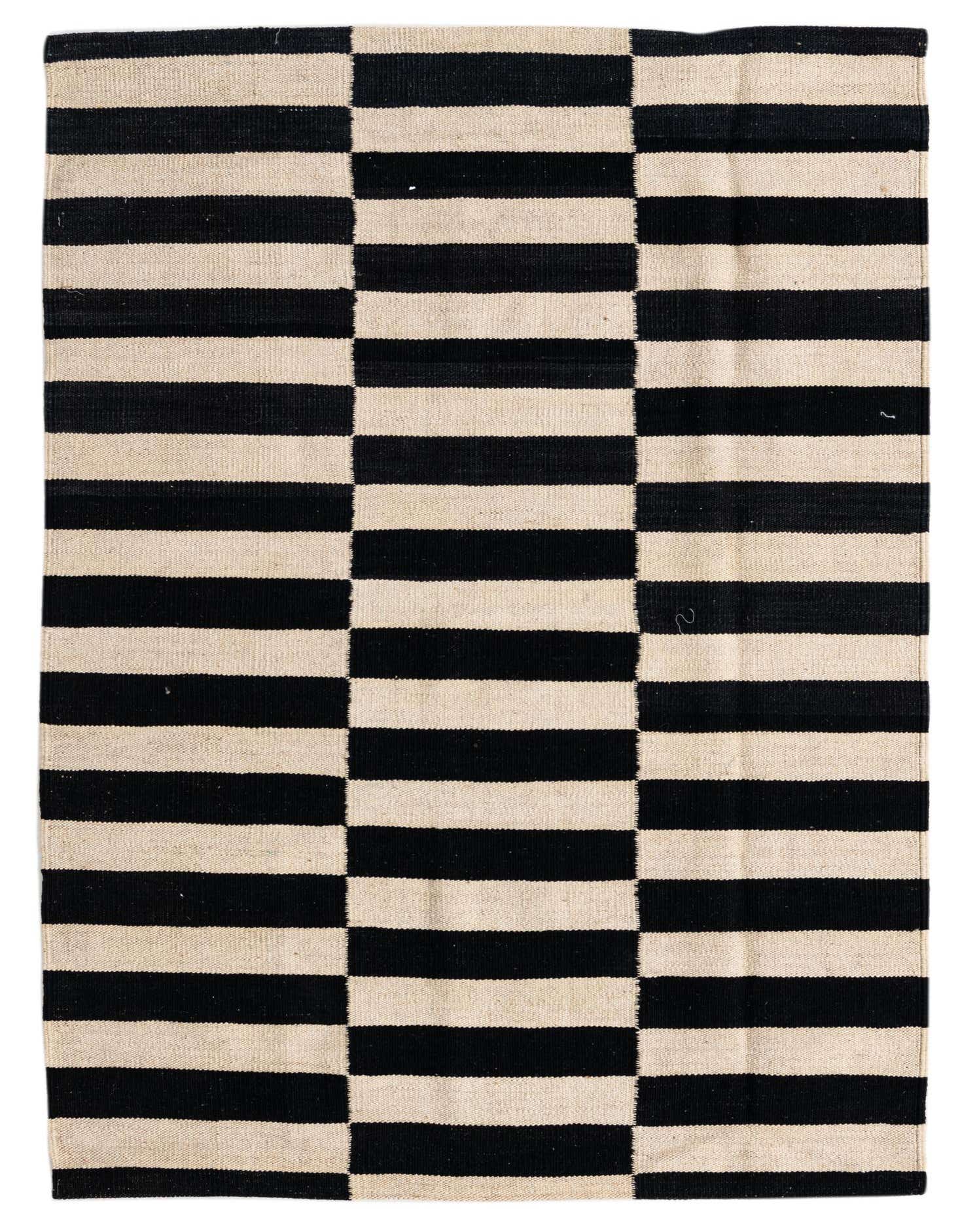 A 3x5 rectangular black and ivory flatweave wool rug with a modern tribal stripe pattern.