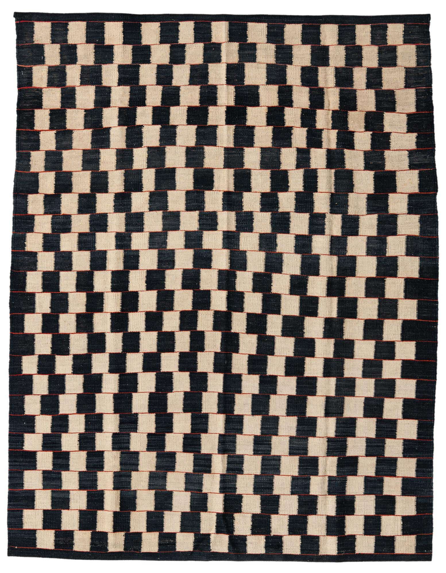 A 5x8 rectangular black and ivory flatweave rug with a modern tribal checkerboard pattern, suitable for a living room.