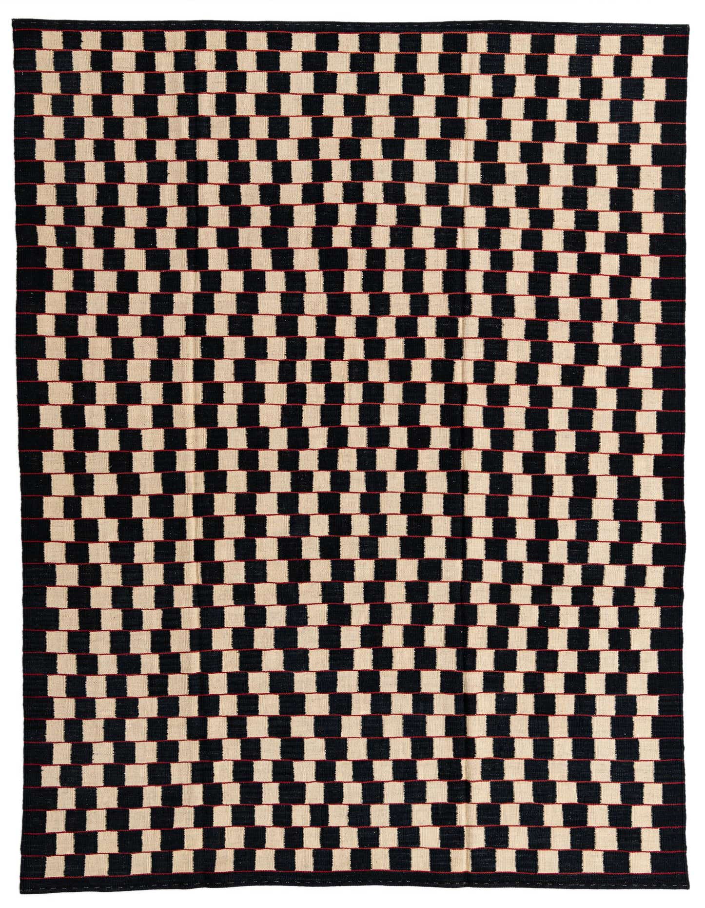 A 7x10 rectangular flatweave rug with a black and ivory checkerboard pattern, accented by thin red lines, suitable for a modern living room.