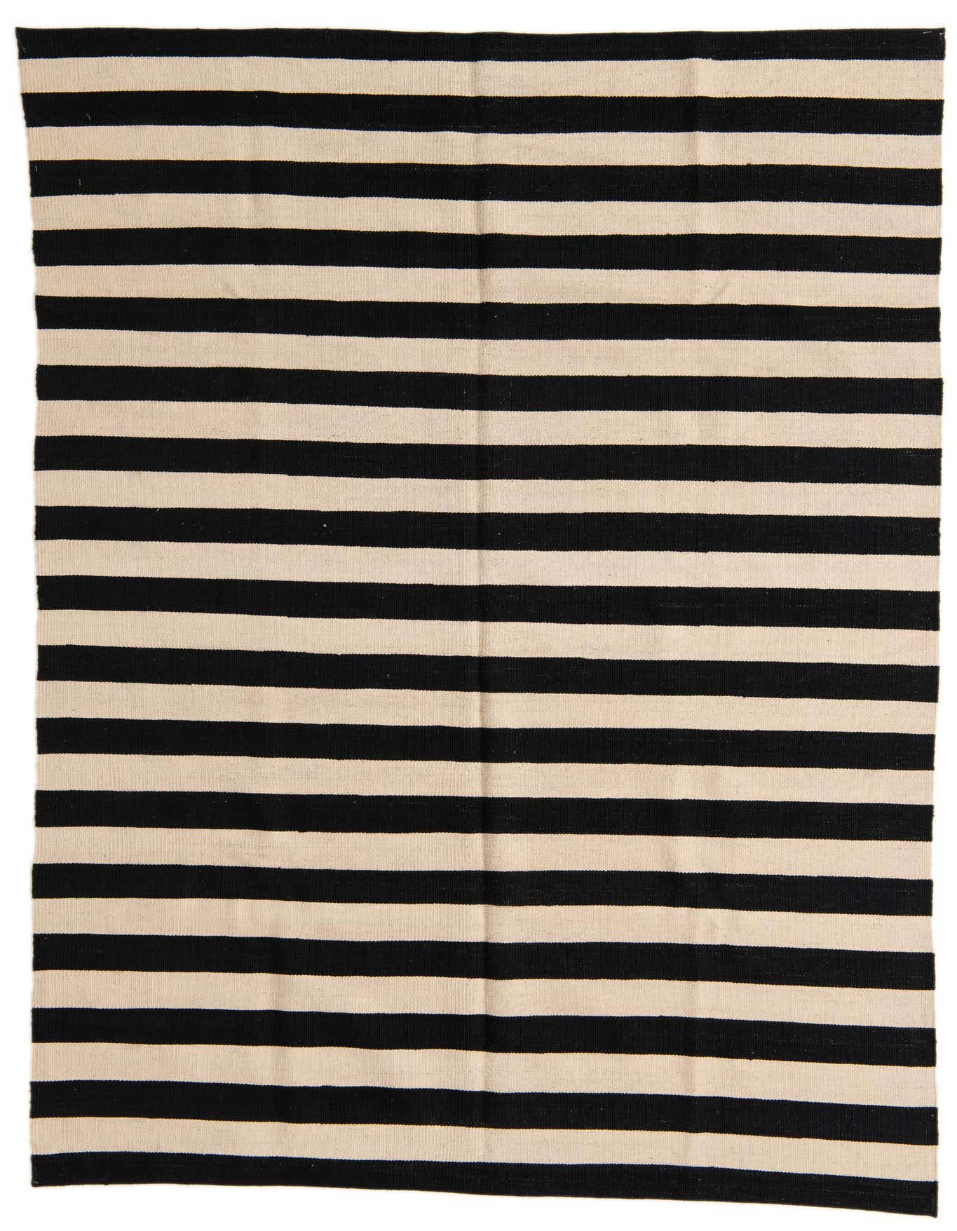 A 5x8 rectangular Kilim Modern rug with bold black and ivory horizontal stripes, suitable for a living room.