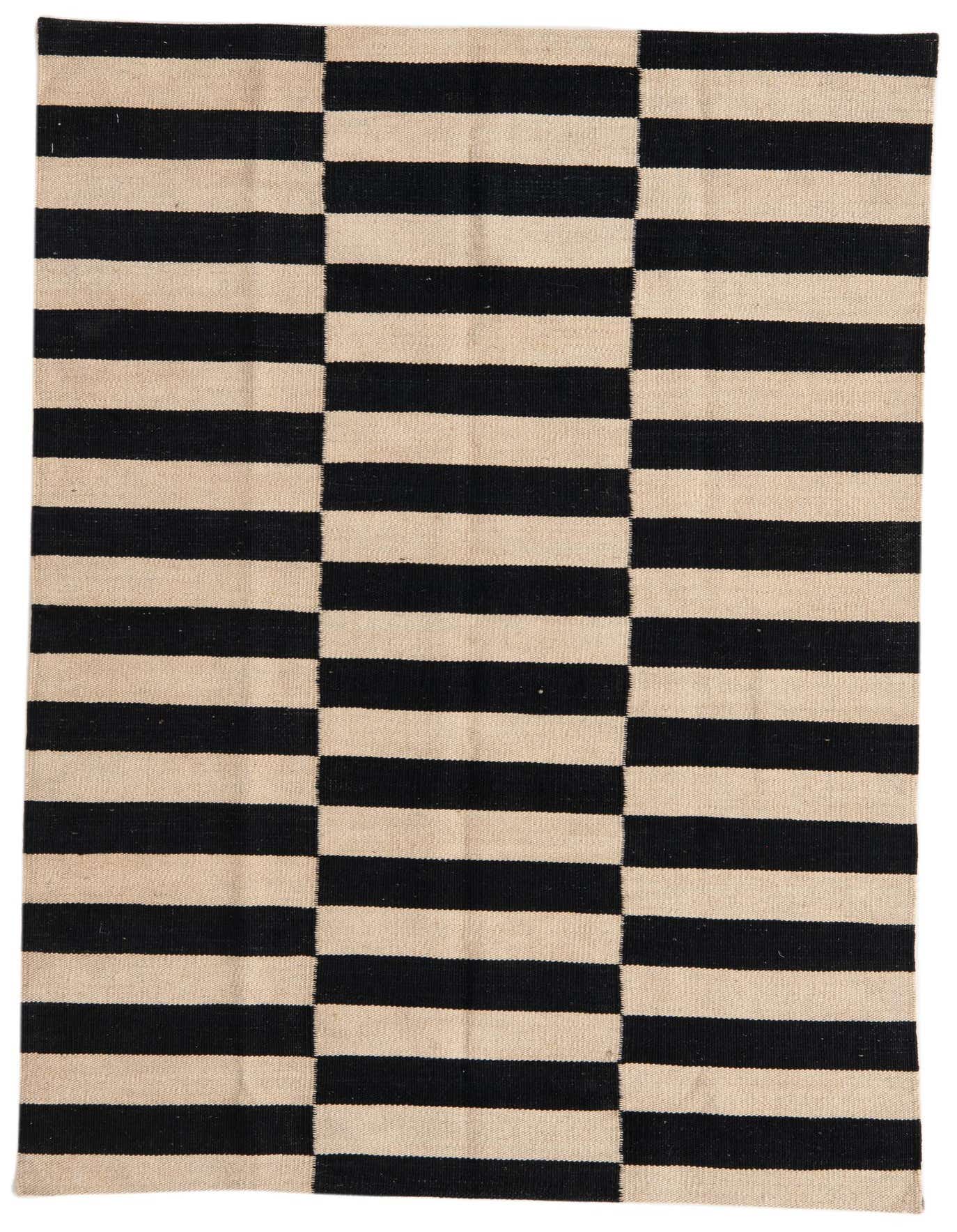 A 3x5 rectangular Kilim Modern rug with a bold black and ivory striped tribal pattern, suitable for an entryway.