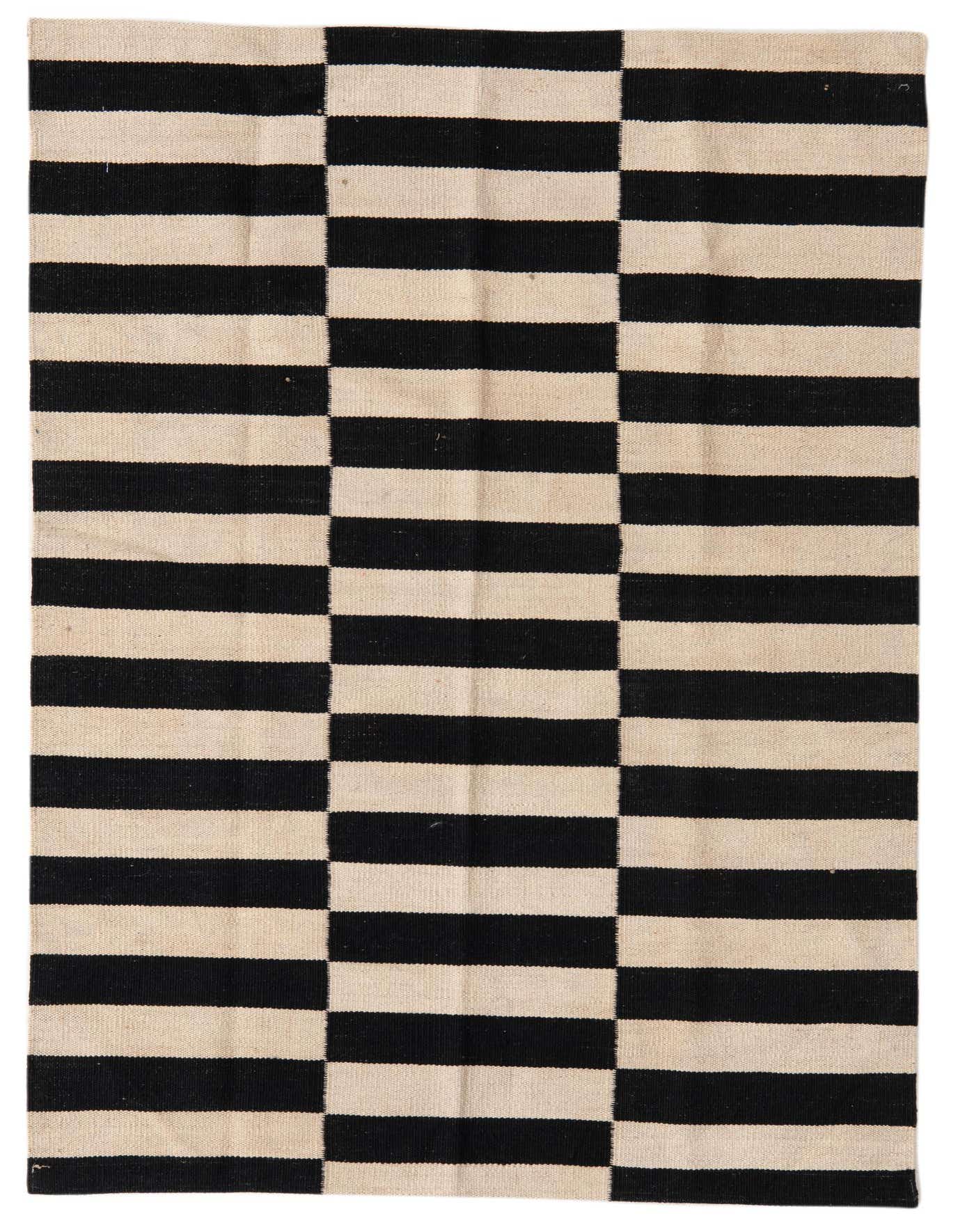 A 3x5 rectangular Kilim Modern wool rug featuring bold black and cream horizontal stripes in a tribal, modern pattern.