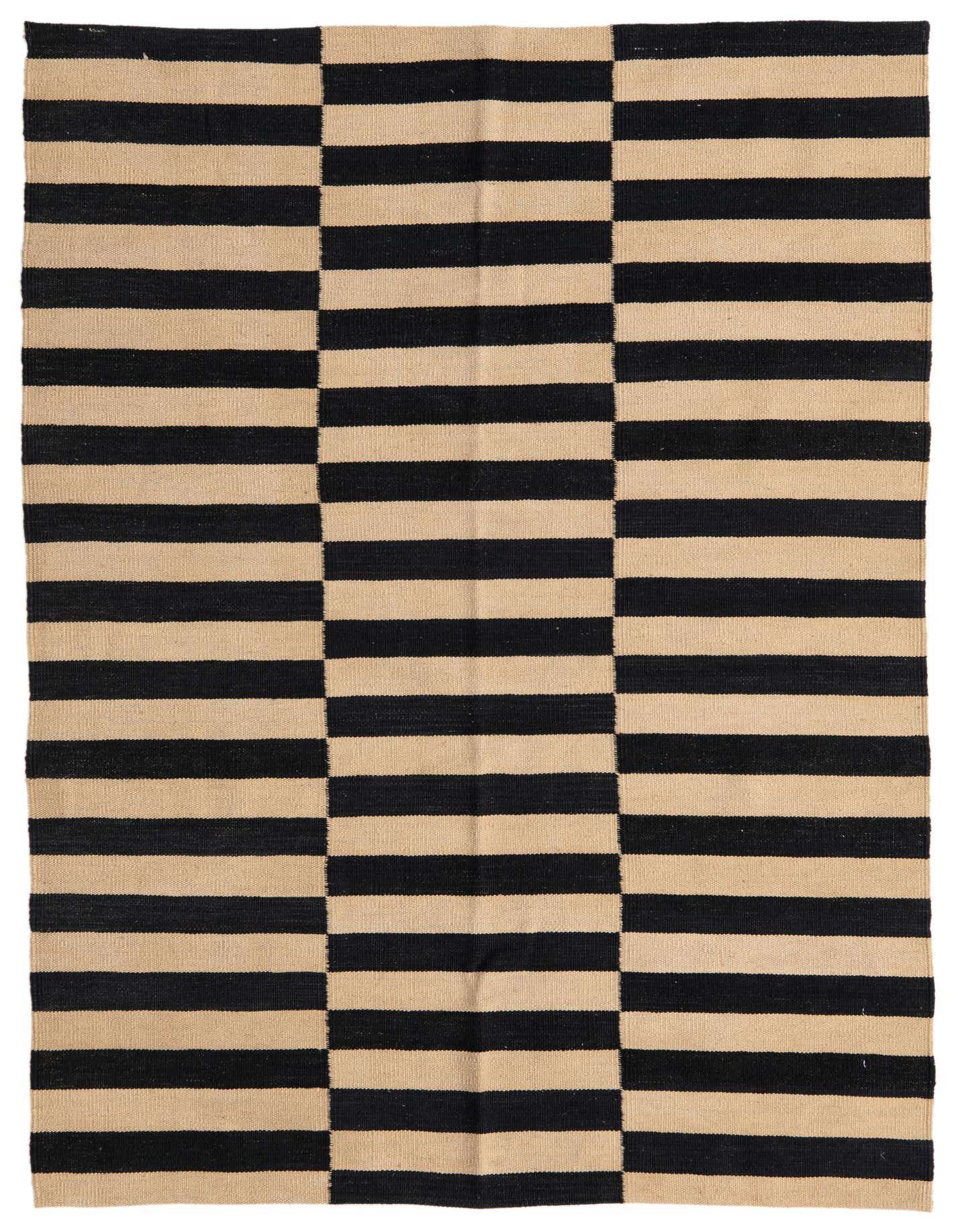 A 4x6 rectangular Kilim Modern rug with a bold black and beige striped pattern, perfect for a living room.