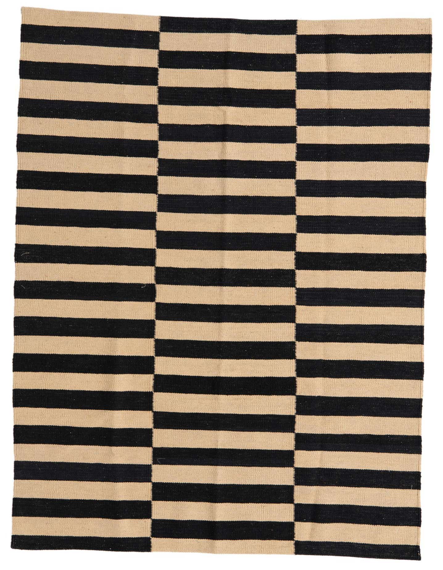 A 4x6 rectangular Kilim Modern rug with bold black and natural ivory horizontal stripes, arranged in a tribal, modern pattern.