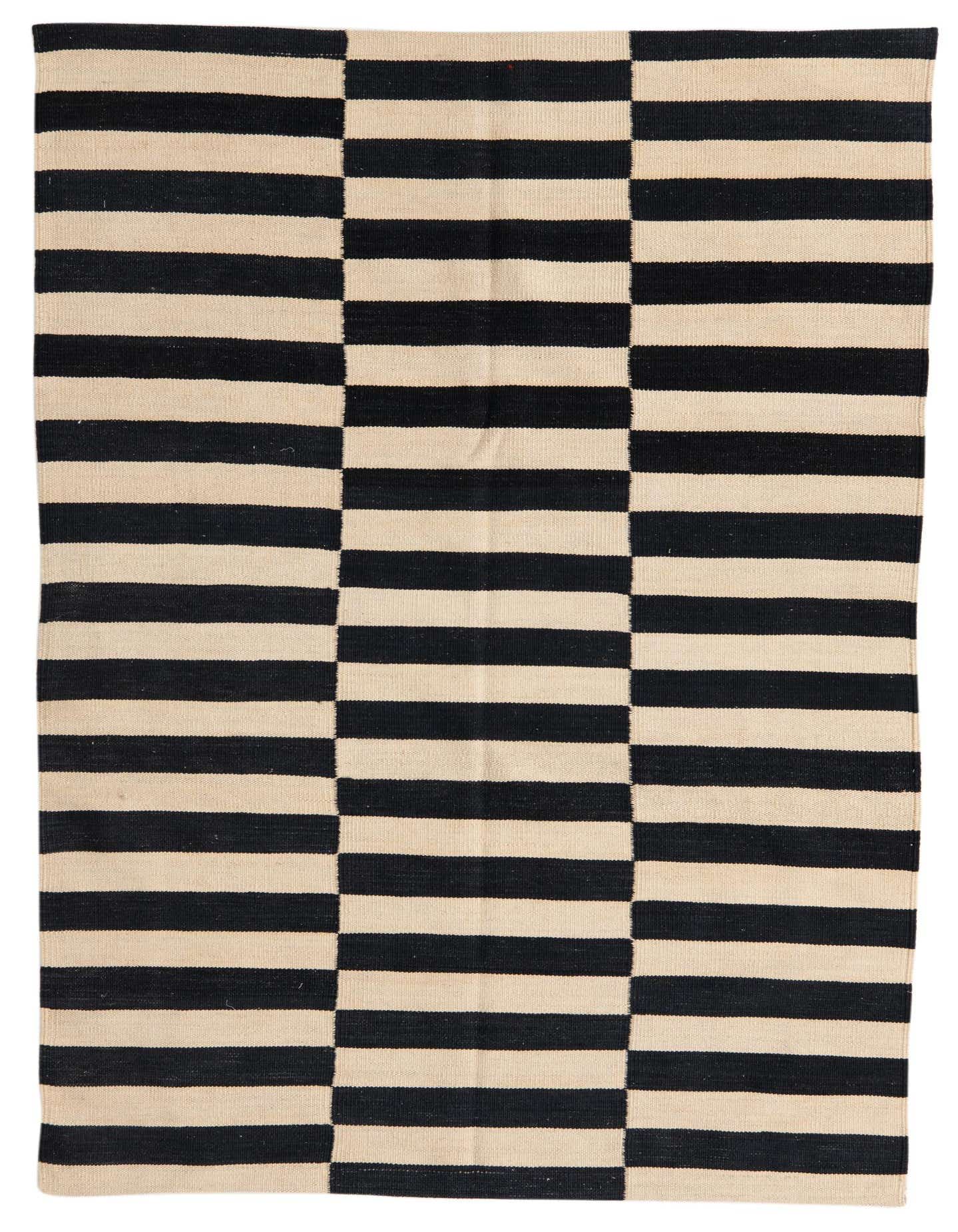 A 4x6 rectangular Kilim Modern wool rug featuring bold black and cream horizontal stripes in a tribal pattern.