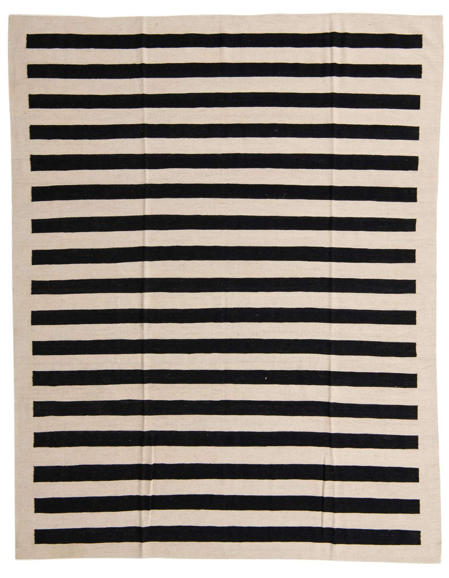 An 8x10 rectangular flatweave rug with bold black and ivory horizontal stripes, perfect for a modern living room.