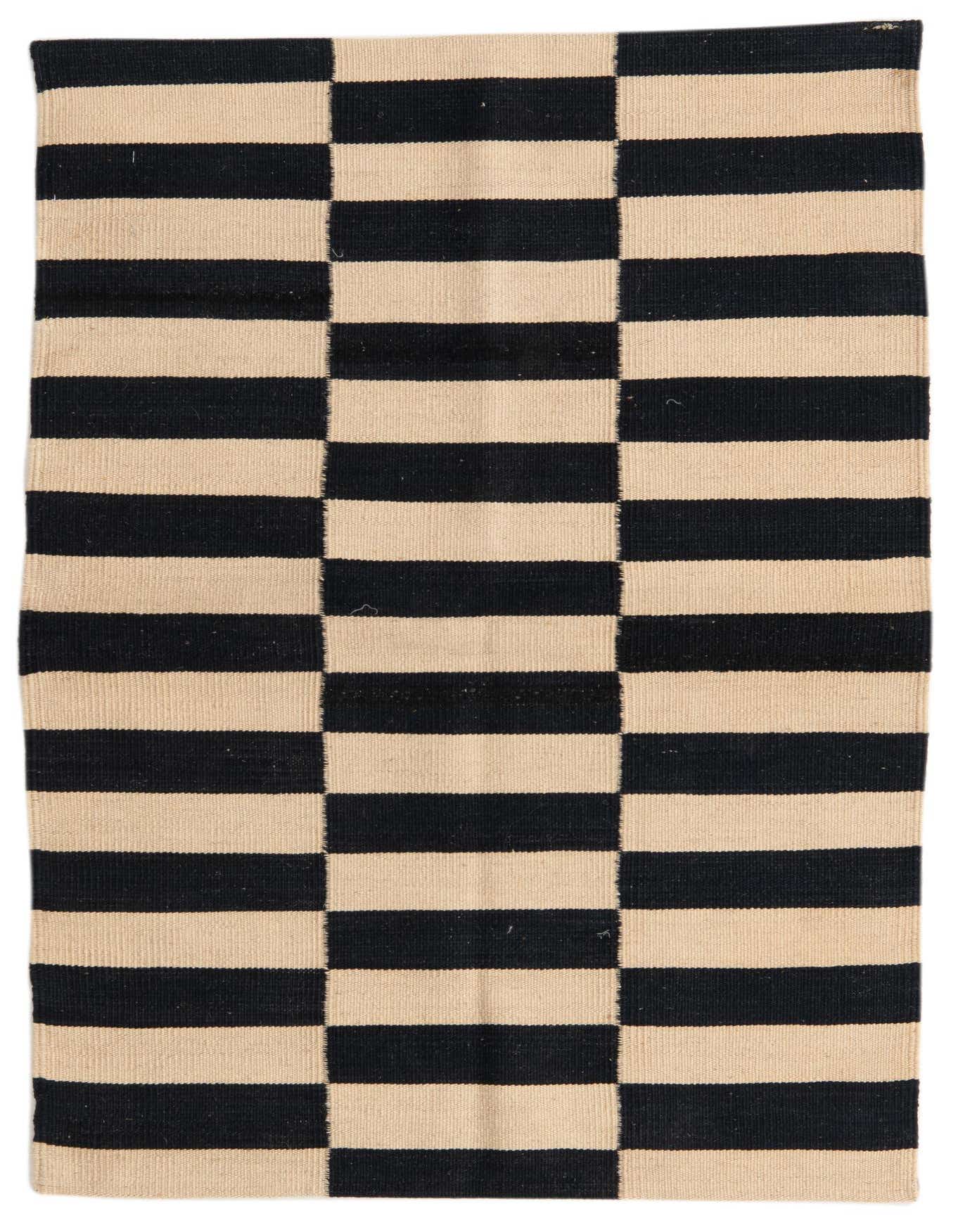 A 3x4 rectangular flatweave rug featuring bold black and cream horizontal stripes in a modern tribal pattern.
