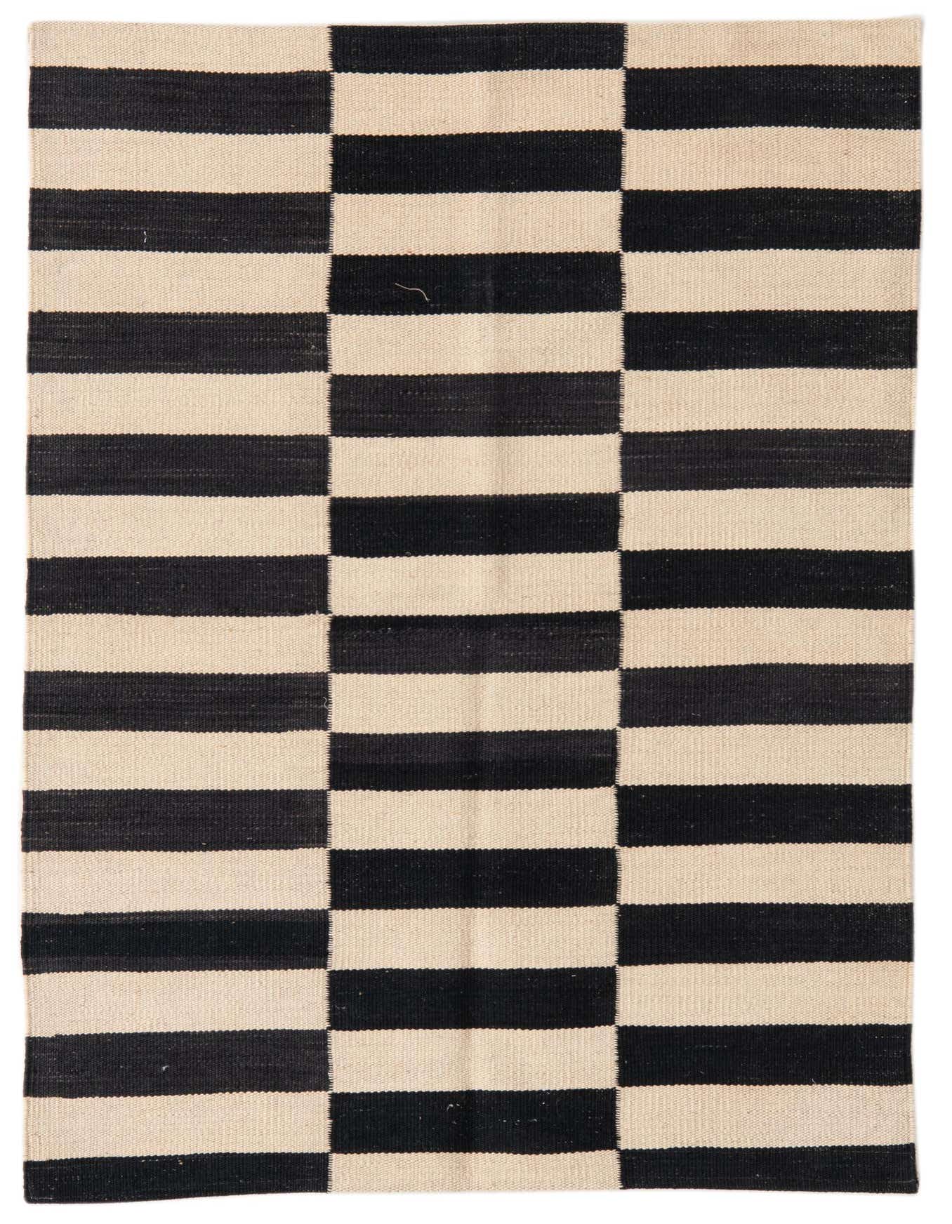 A 3x4 rectangular Kilim Modern rug with a bold black and ivory striped tribal pattern, suitable for indoor use.