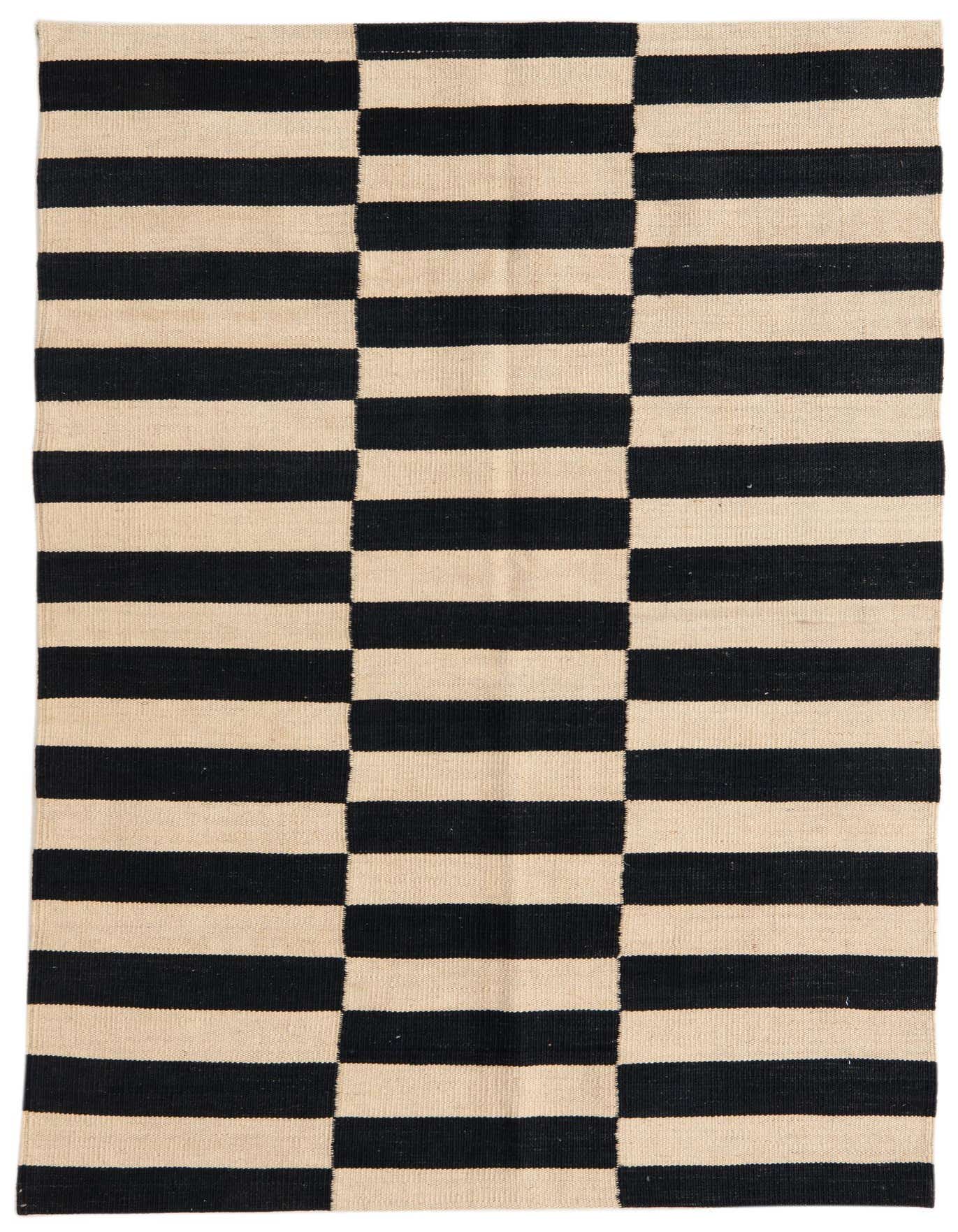 A 3x5 rectangular black and ivory flatweave wool rug with a modern tribal striped pattern, ideal for an entryway.