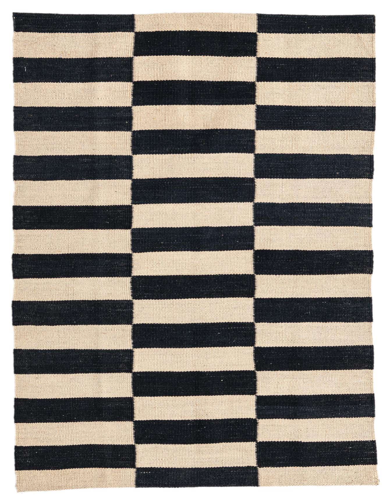 A 3x4 rectangular flatweave rug featuring a bold black and ivory striped pattern, perfect for a modern or tribal decor.