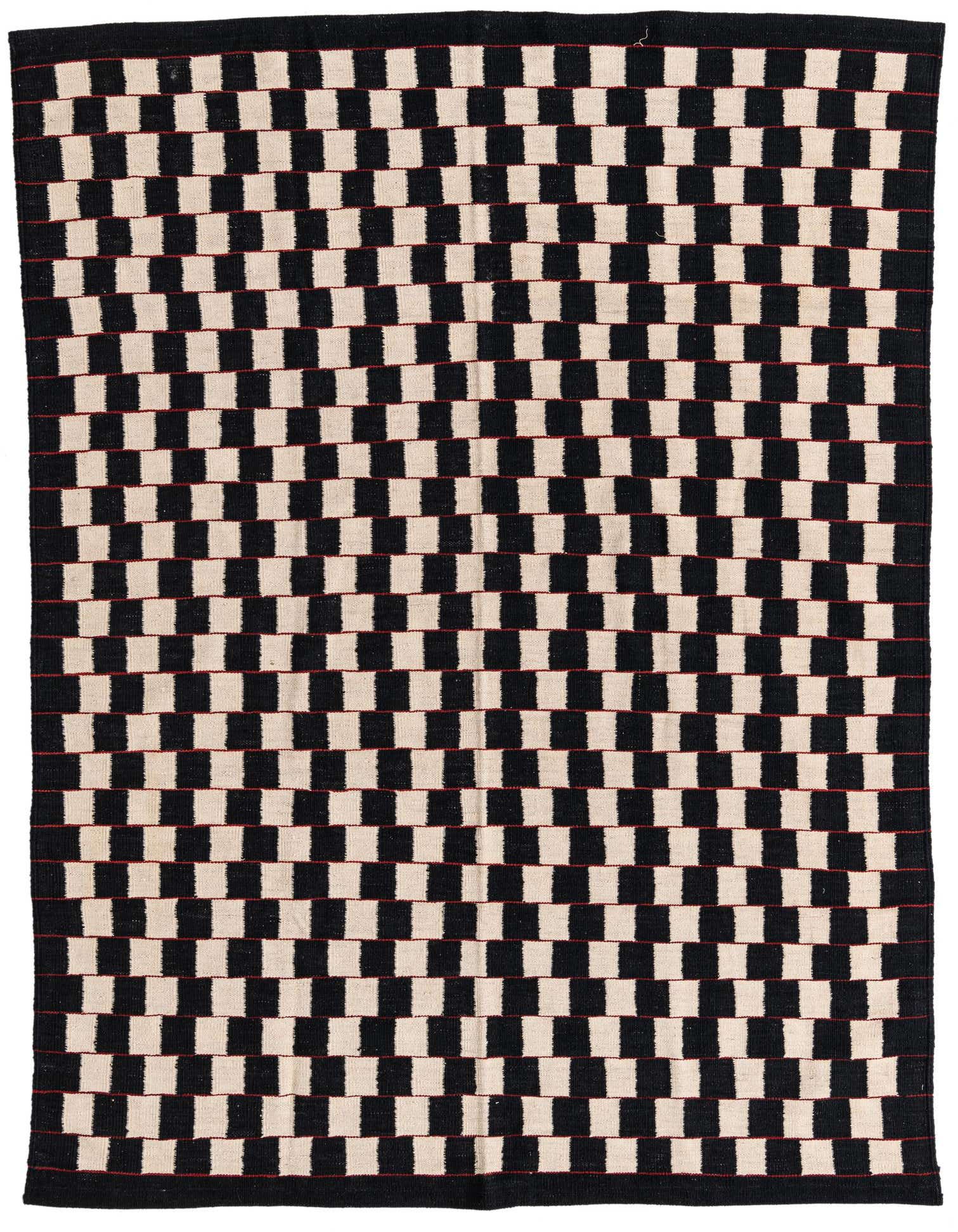 A 5x8 rectangular black and ivory flatweave rug with a modern tribal checkerboard pattern, handmade from wool.
