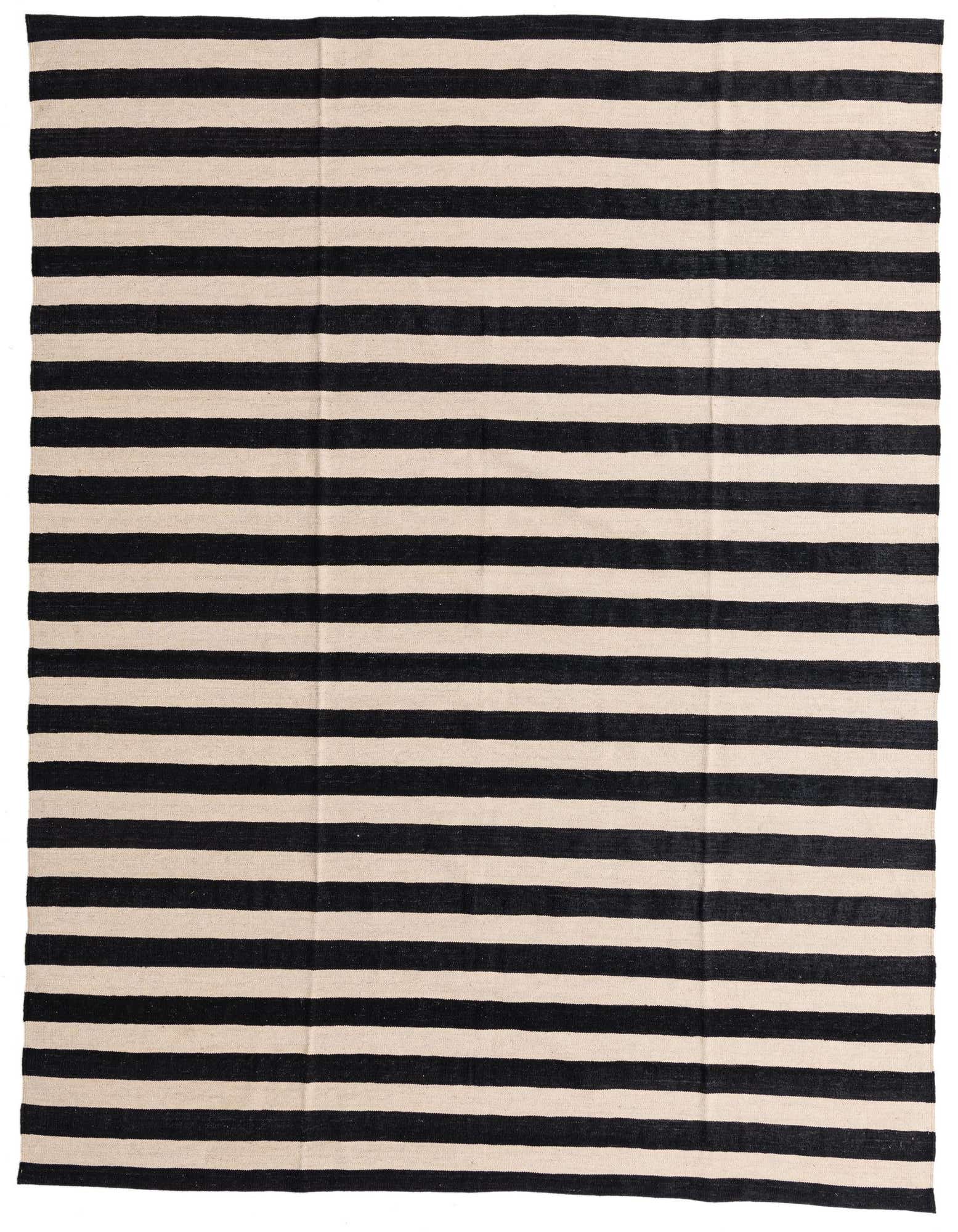 An 8x10 rectangular flatweave rug featuring bold horizontal black and cream stripes, suitable for a modern living room.