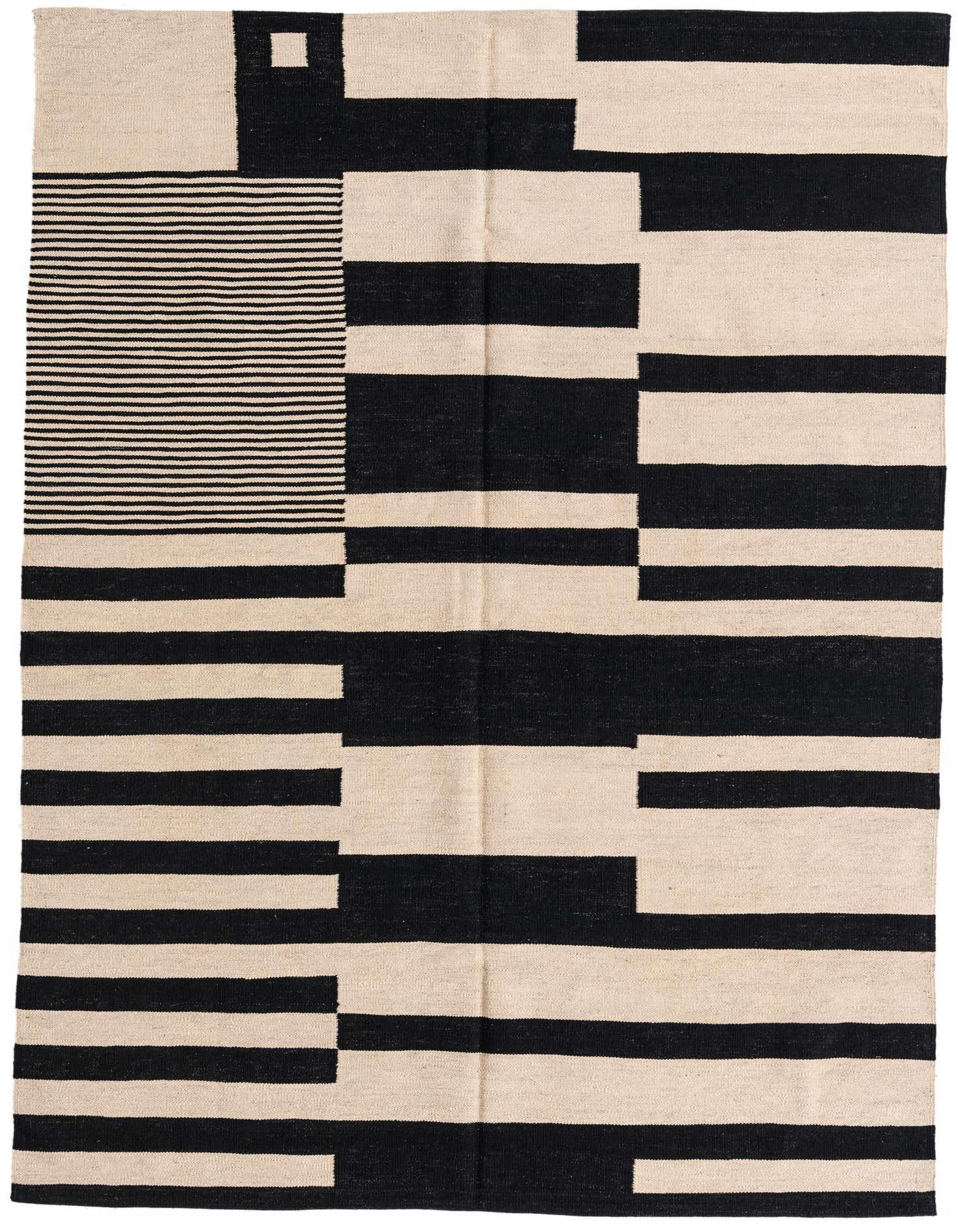 A 5x8 rectangular black and ivory flatweave rug with a modern tribal geometric pattern of varying stripes and blocks.