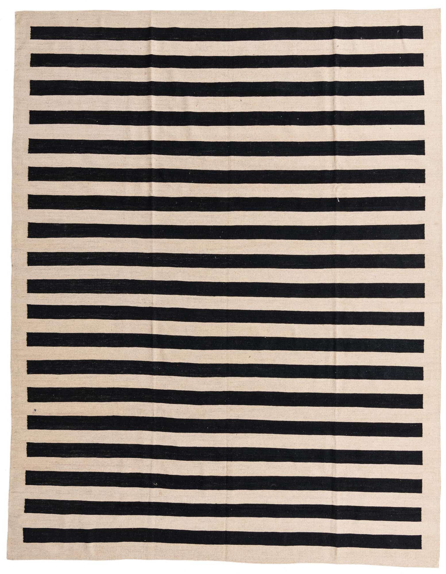 A rectangular 8x10 Kilim Modern rug featuring bold black and cream horizontal stripes, made of 100% wool.