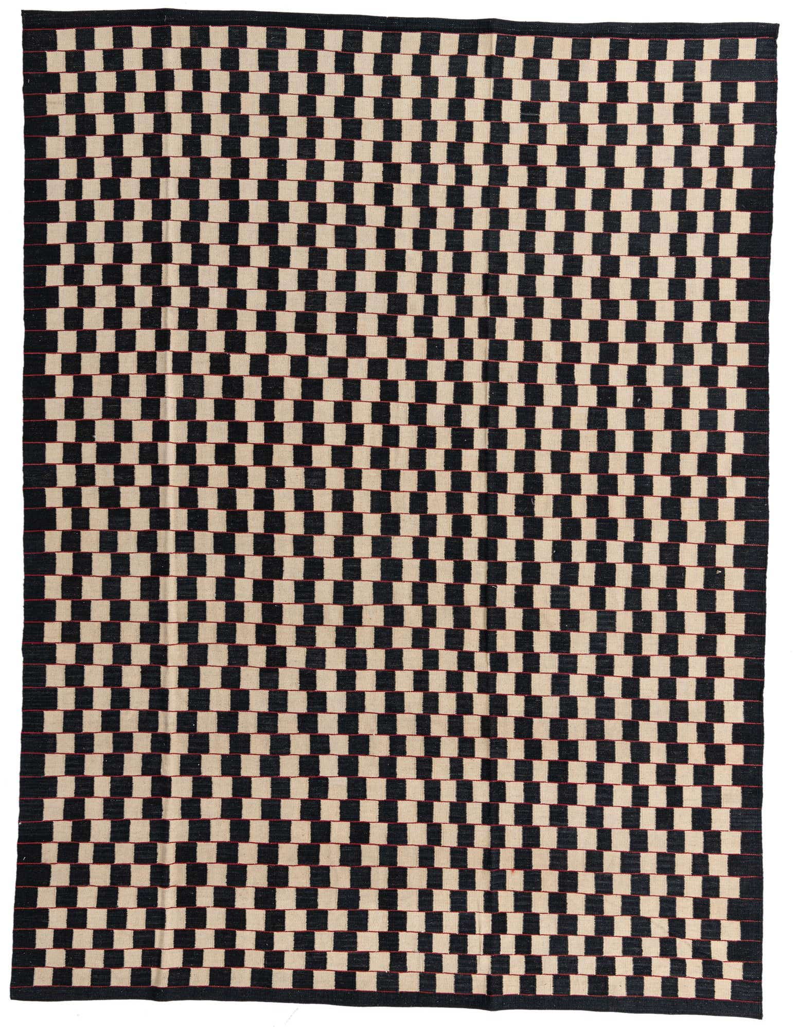 An 8x11 rectangular Kilim Modern wool rug featuring a repeating black and cream checkerboard pattern, handmade with a flatweave.